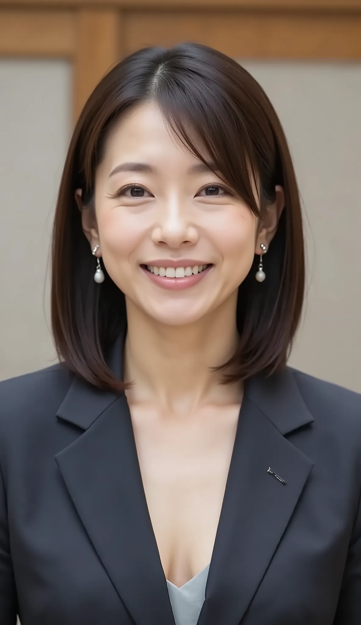 nsfw、From front、Japanese in a グレーcollarless suit、looking at the camera、25-year-old female minister、dark haired、、Ear piercings、necklace、、、during regular press conference、(bust up shot:1.5)、、A smile showing teeth
Video generation