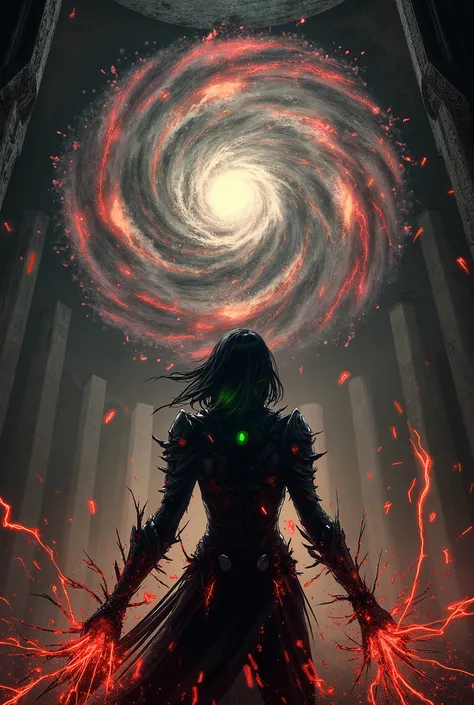 In the heart of a crumbling obsidian sanctuary, a shadow priestess with dark, smooth skin and crazed, piercing green eyes unleashes a demonic entity. Reality itself cracks around her as a swirling portal of shadow and crimson lightning opens in the air. He...