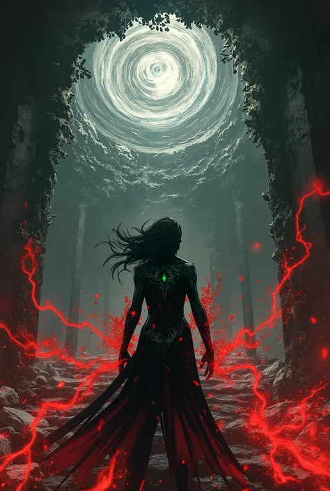 In the heart of a crumbling obsidian sanctuary, a shadow priestess with dark, smooth skin and crazed, piercing green eyes unleashes a demonic entity. Reality itself cracks around her as a swirling portal of shadow and crimson lightning opens in the air. He...