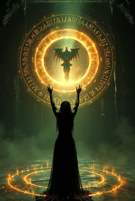 In a dimly lit cavern of obsidian, a shadow priestess with dark, smooth skin and piercing green eyes performs a dark ritual. At her feet, a massive demonic summoning circle blazes with unholy energy, casting pulsating, hellish light across the ancient glyp...