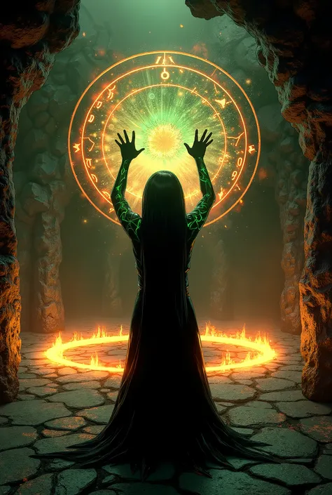 In a dimly lit cavern of obsidian, a shadow priestess with dark, smooth skin and piercing green eyes performs a dark ritual. At her feet, a massive demonic summoning circle blazes with unholy energy, casting pulsating, hellish light across the ancient glyp...