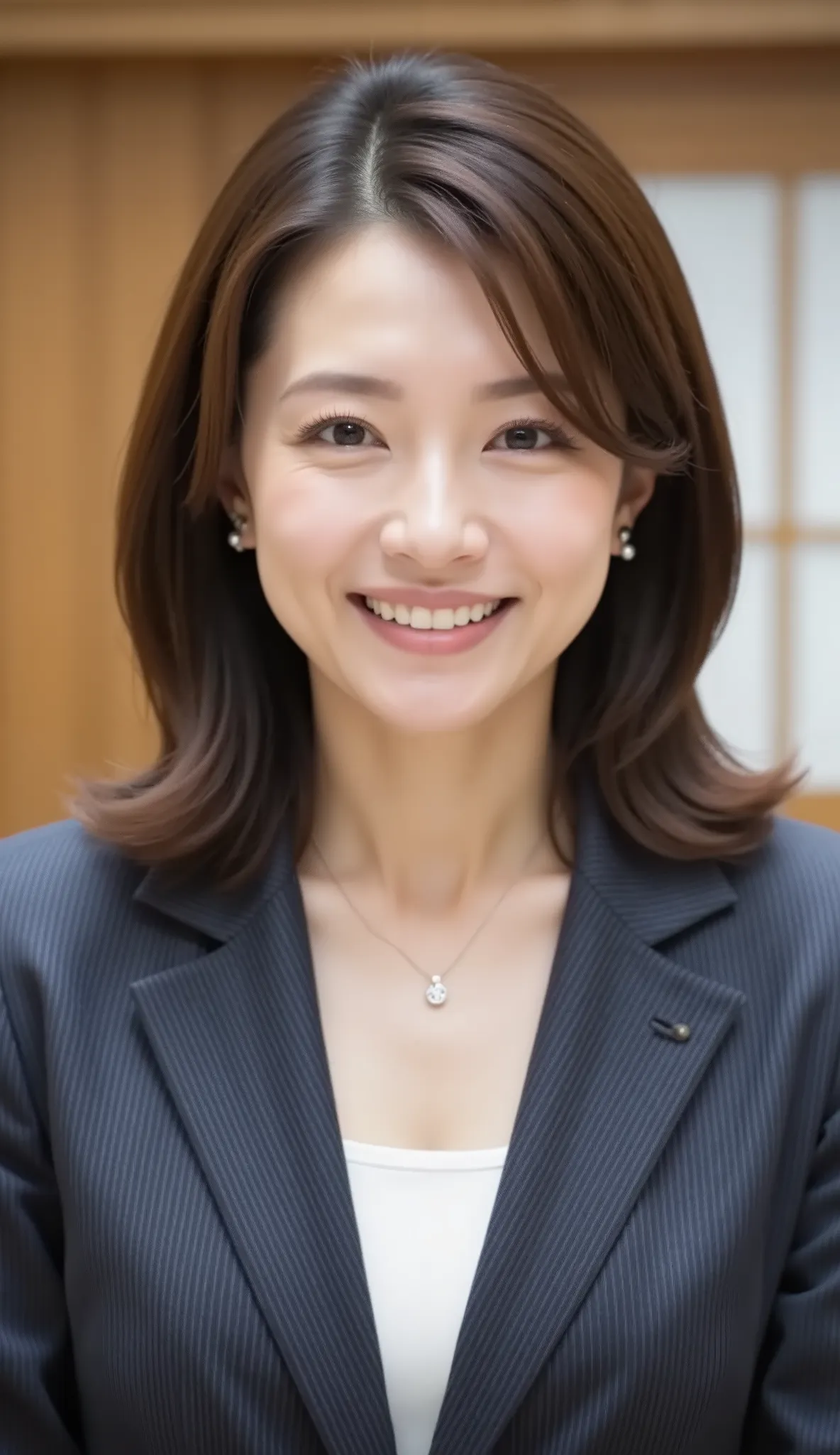 nsfw、From front、Japanese in a グレーcollarless suit、looking at the camera、25-year-old female minister、、hairstyle shortcuts、wavy hair、Ear piercings、necklace、、、during regular press conference、(bust up shot:1.5)、、Smiling Face Showing Teeth Video Generation