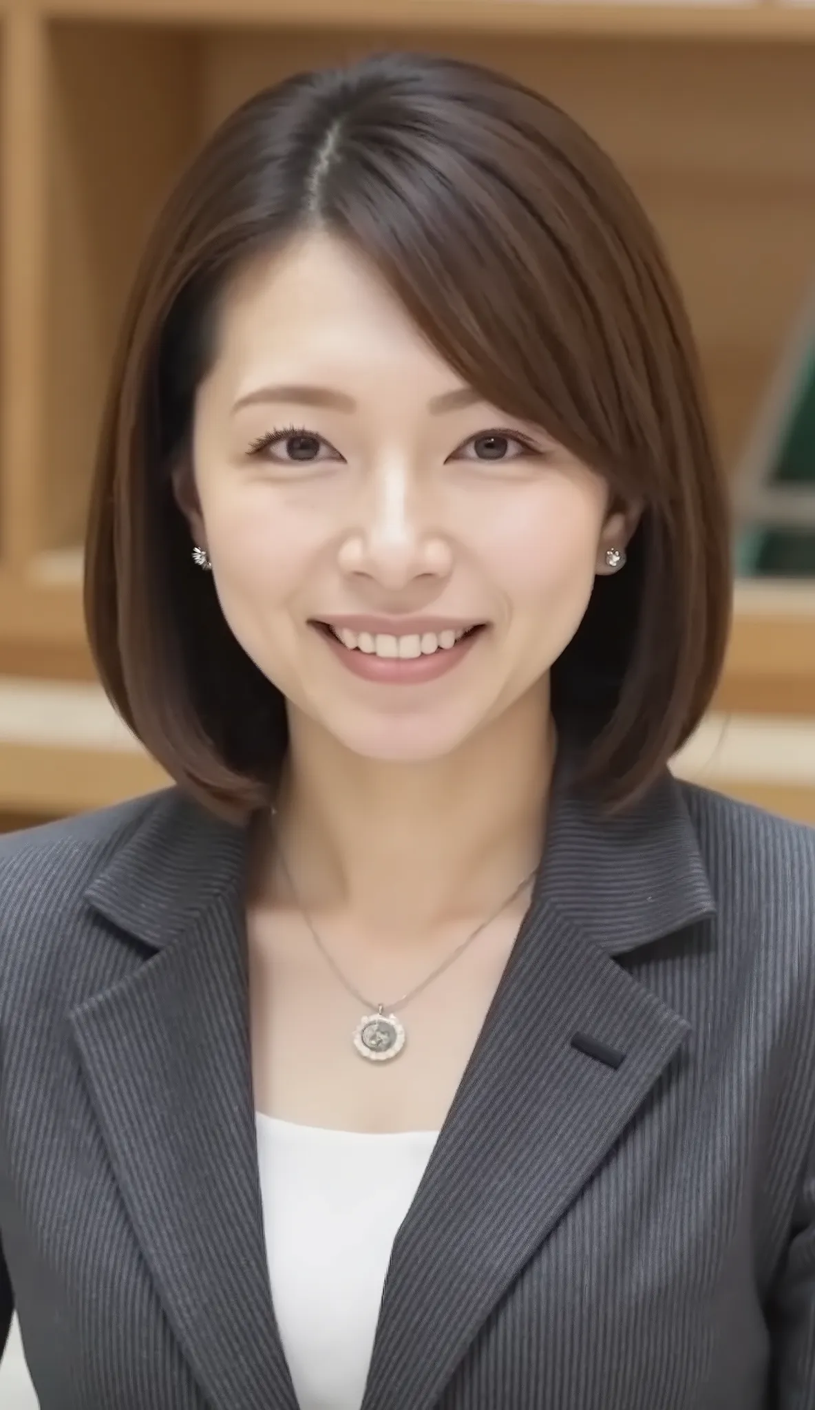 nsfw、From front、Japanese in a グレーcollarless suit、looking at the camera、25-year-old female minister、、hairstyle shortcuts、wavy hair、Ear piercings、necklace、、、during regular press conference、(bust up shot:1.5)、、smile showing teeth