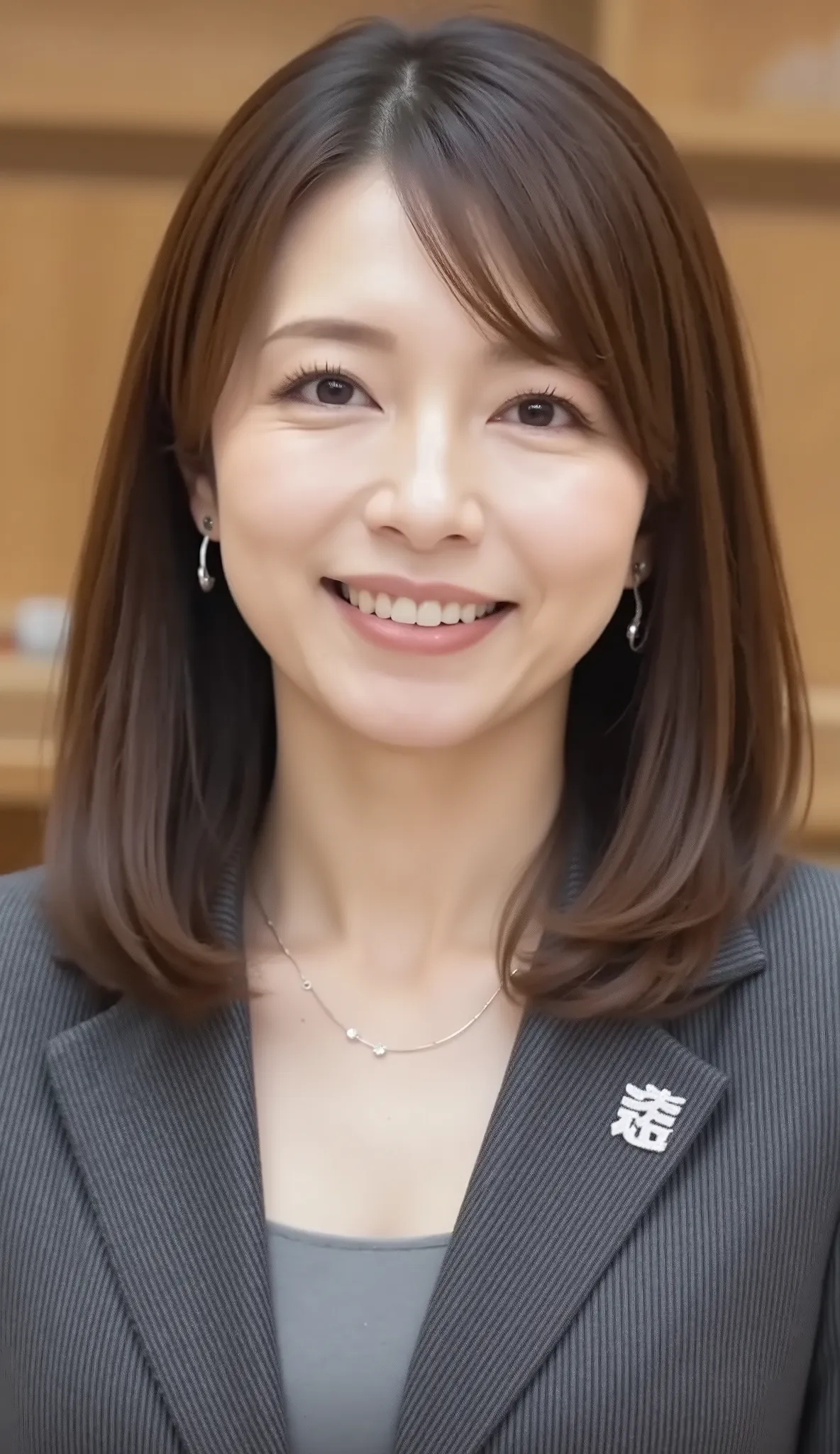 nsfw、From front、Japanese in a グレーcollarless suit、looking at the camera、25-year-old female minister、、、wavy hair、Ear piercings、necklace、、、during regular press conference、(bust up shot:1.5)、、Smiling Face Showing Teeth Video Generation