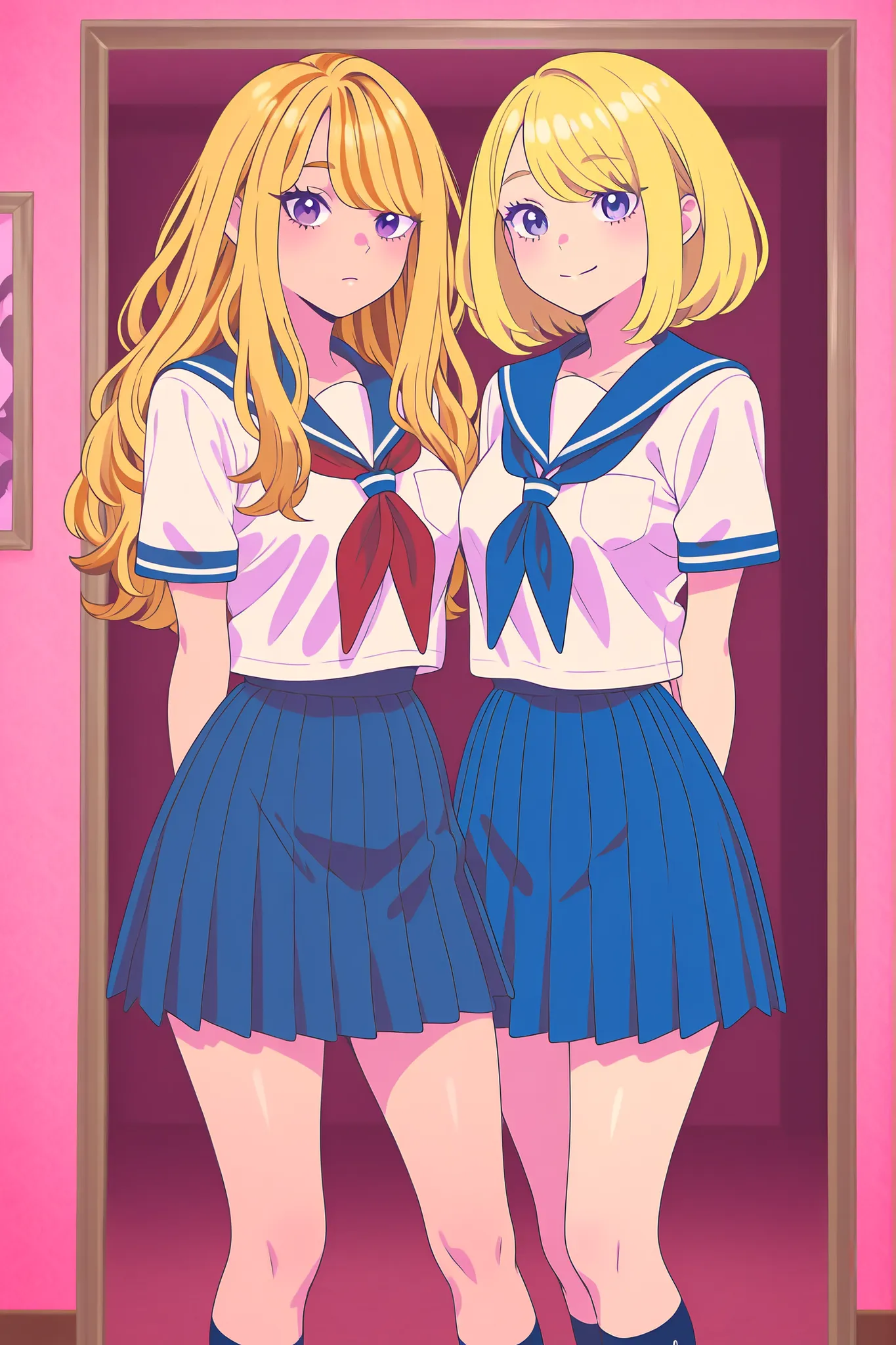 Asymmetrical me, a cute Japanese girl, in a room, the real me and the me in the mirror facing each other, the real me is neat and demure, the real me is wearing a sailor uniform, the me in the mirror is a lively gal, the me in the mirror is a ganguro with ...