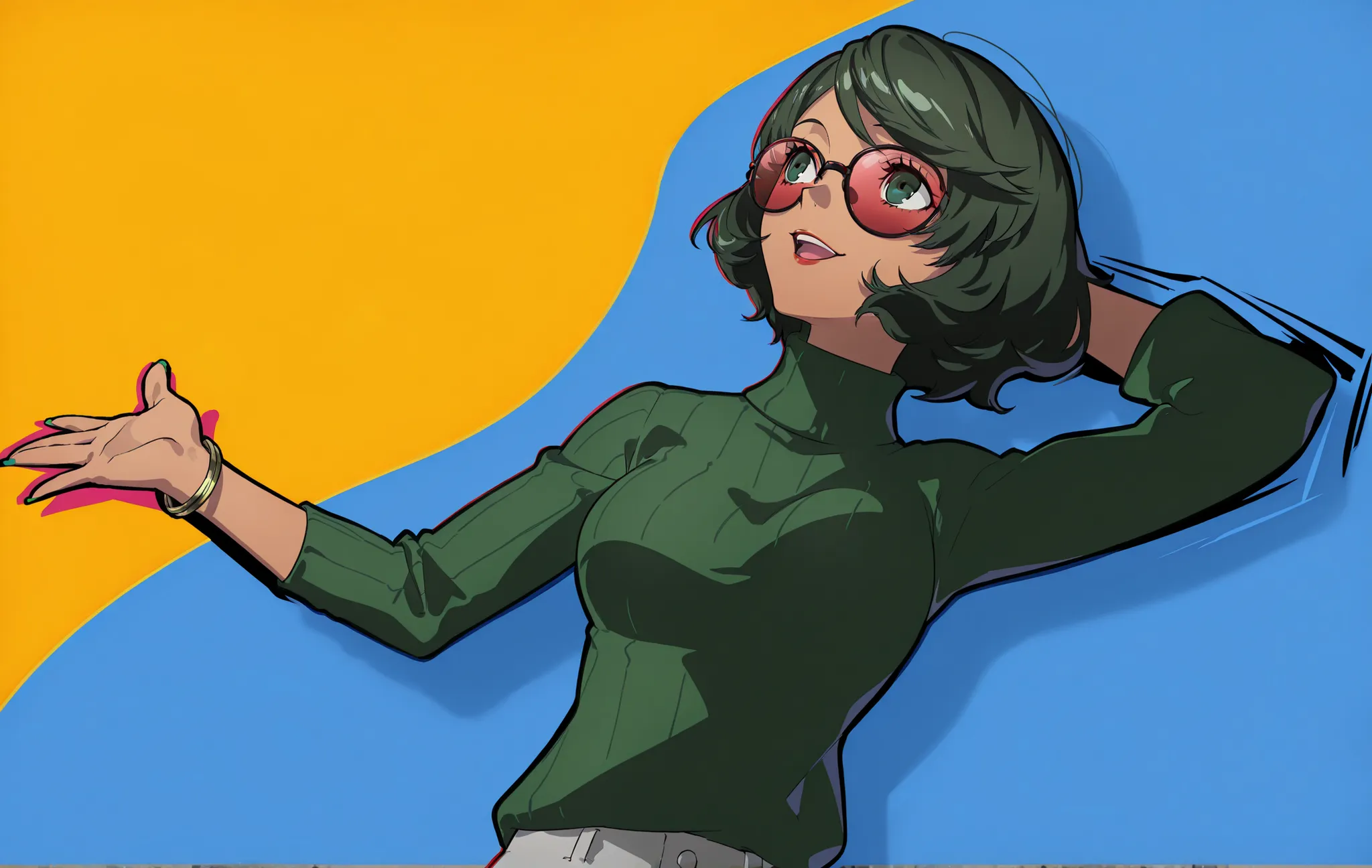 ((dark, dark theme, sidelighting)),green sweater,green nails,green eyes,dark green hair,((red light on hair)),(original, persona,cel shading, anime coloring,curly hair),{artstyle: iwao178,nia4294,baffu,hitoyo,kameseru,zenless zone zero,professional artist,...