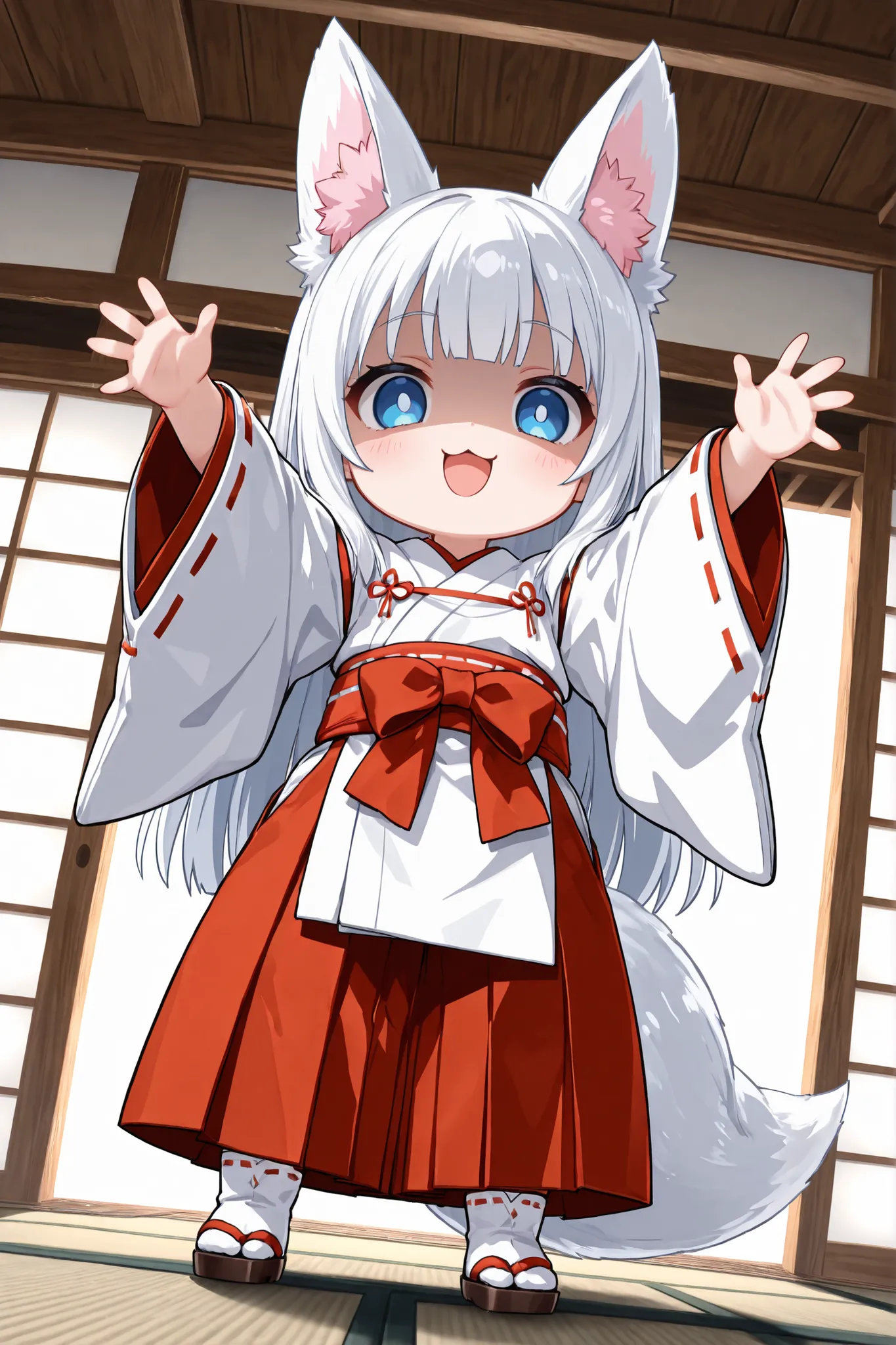 ((Masterpiece)),((best quality)),((incredibly absurdres)),((8K)),(anime style),
(1 chibi girl),(Deformed chibi),solo,white hair,long hair,straight hair,blue eyes,baby face,cute,kawaii,BREAK (white fox ears,white fox tail),white ear hair,pink inner ear,
a ...