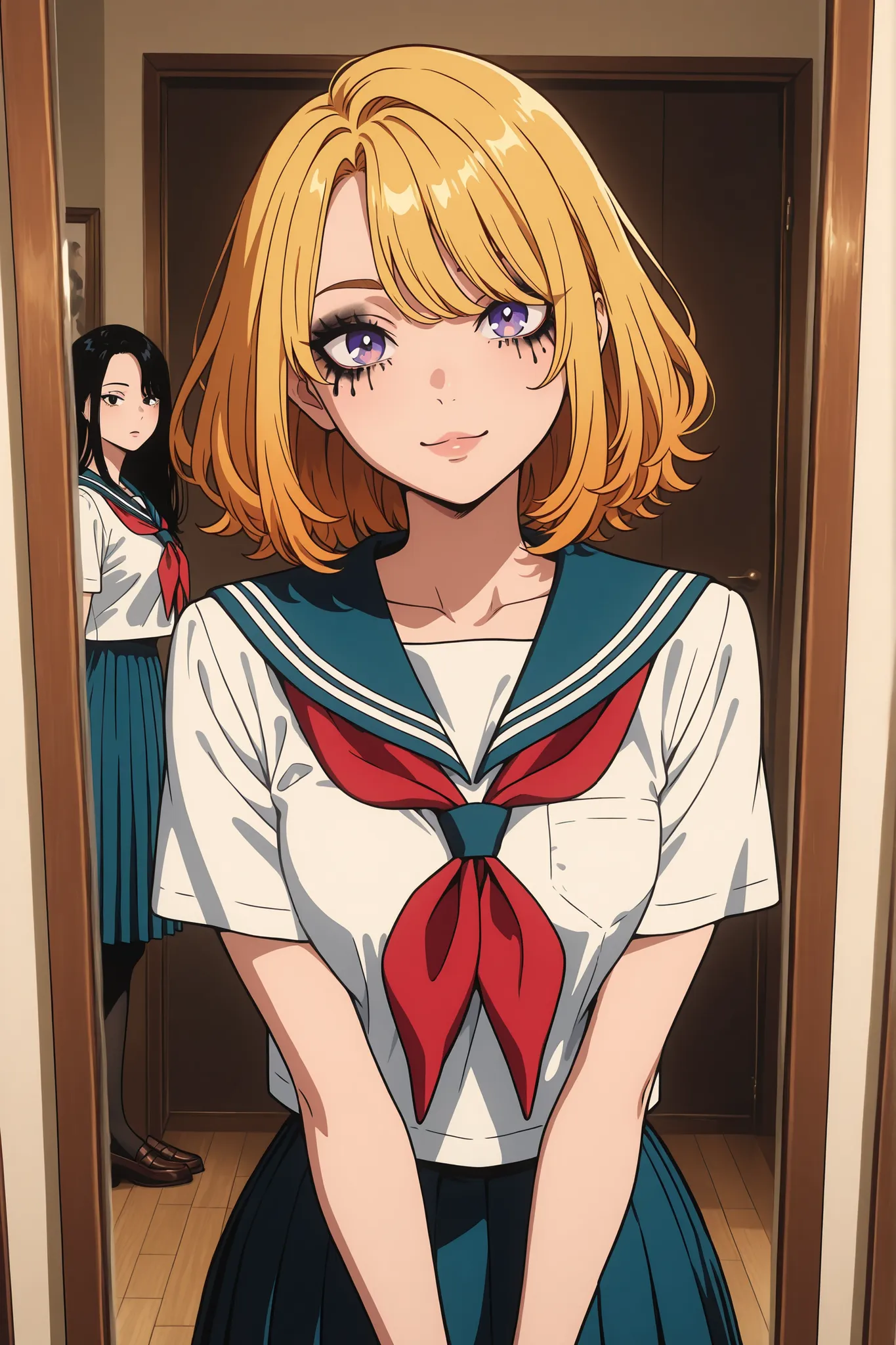 Asymmetrical me, a cute Japanese girl, in a room, the real me and the me in the mirror facing each other, relative me and me, the two of us, the real me is neat and demure, the real me is wearing a sailor uniform, the me in the mirror is a lively gal, the ...