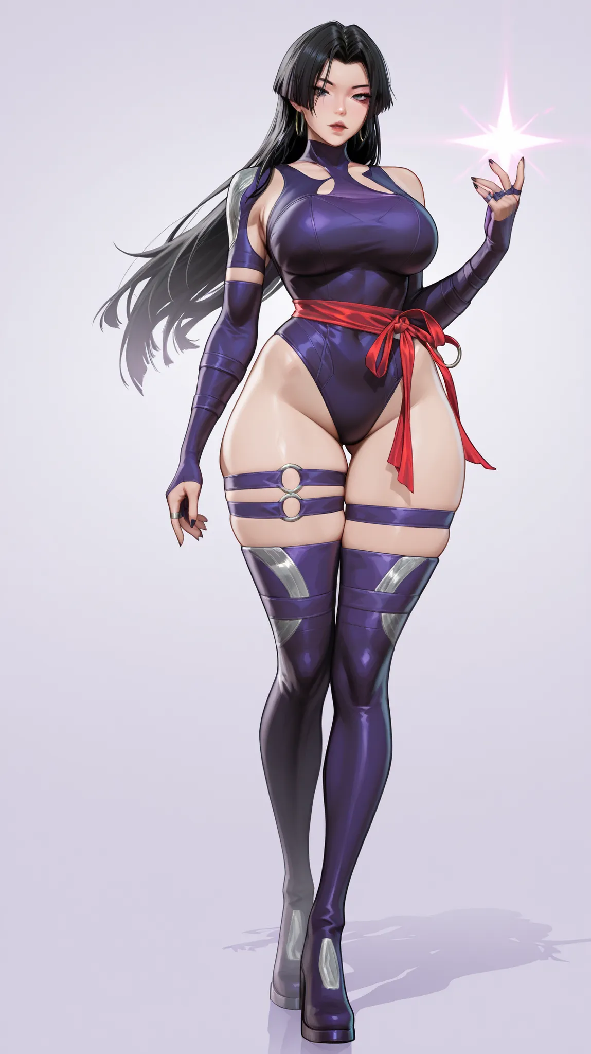  masterpiece ,  very aesthetic ,  high resolution,  ultra-detailed, absurdities, newest,  mature woman, solo
 psylocke_Revenge,  blue eyes,  black hair , straight hair,   long hair, hoop earrings, jewelry, purple bikini, ring, Thigh straps, wide hips , thi...