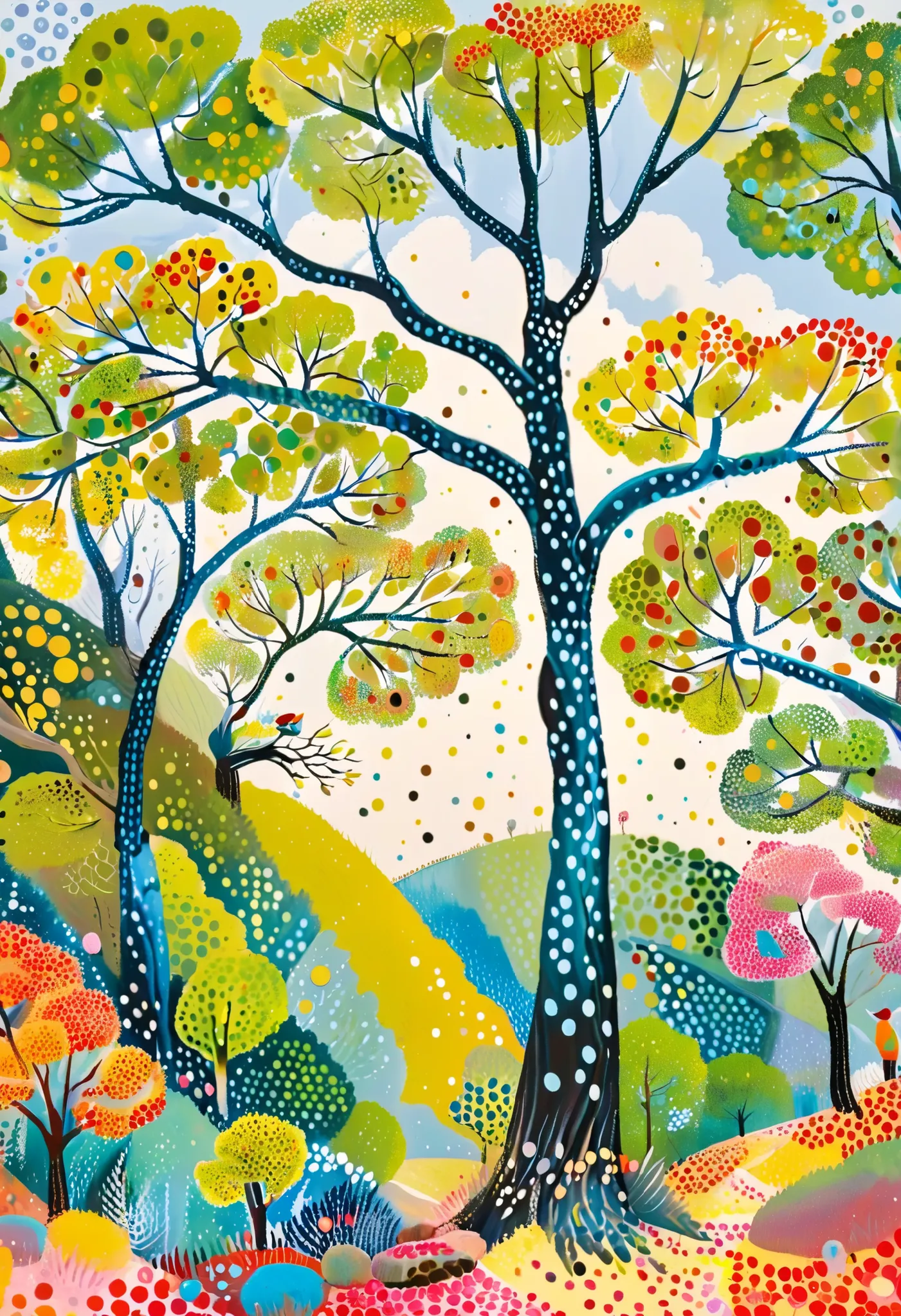 tree々Colorful landscape painting with clouds ,  vivid gouache painting landscape ,  Whimsical Forest , 色とりどりのtree々 , treeのある丘 , Nature Painting , bright forest , 草原の丘の中のtree々 , colorful landscape painting , 詳細なtree , たくさんのtree , Forest Painting , Random Fo...