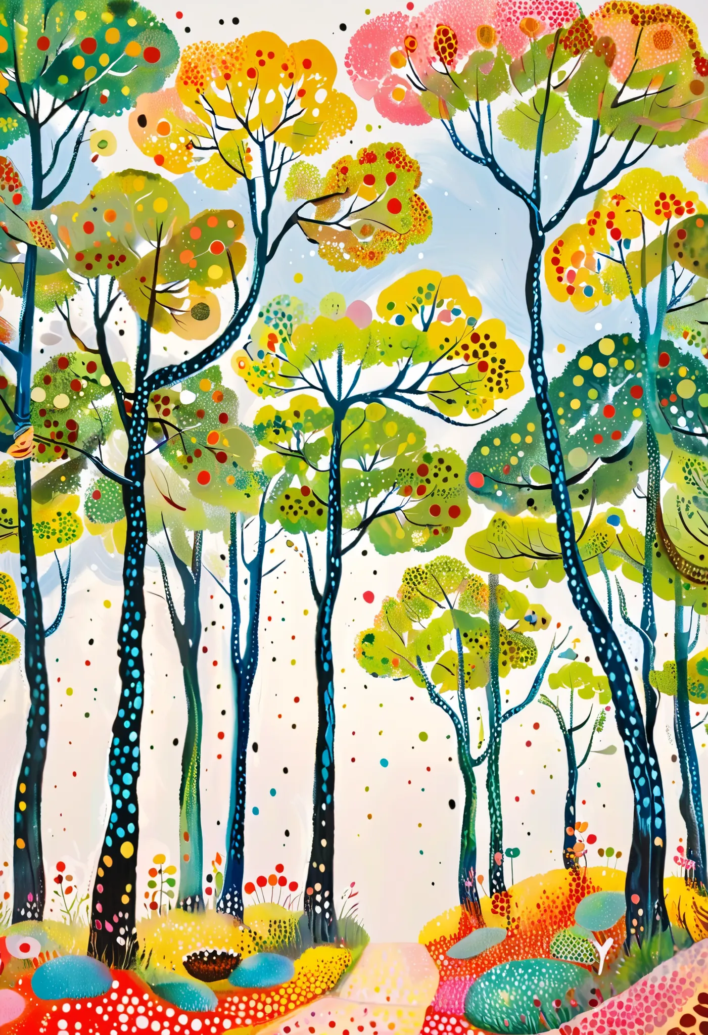 tree々Colorful landscape painting with clouds ,  vivid gouache painting landscape ,  Whimsical Forest , 色とりどりのtree々 , treeのある丘 , Nature Painting , bright forest , 草原の丘の中のtree々 , colorful landscape painting , 詳細なtree , たくさんのtree , Forest Painting , Random Fo...
