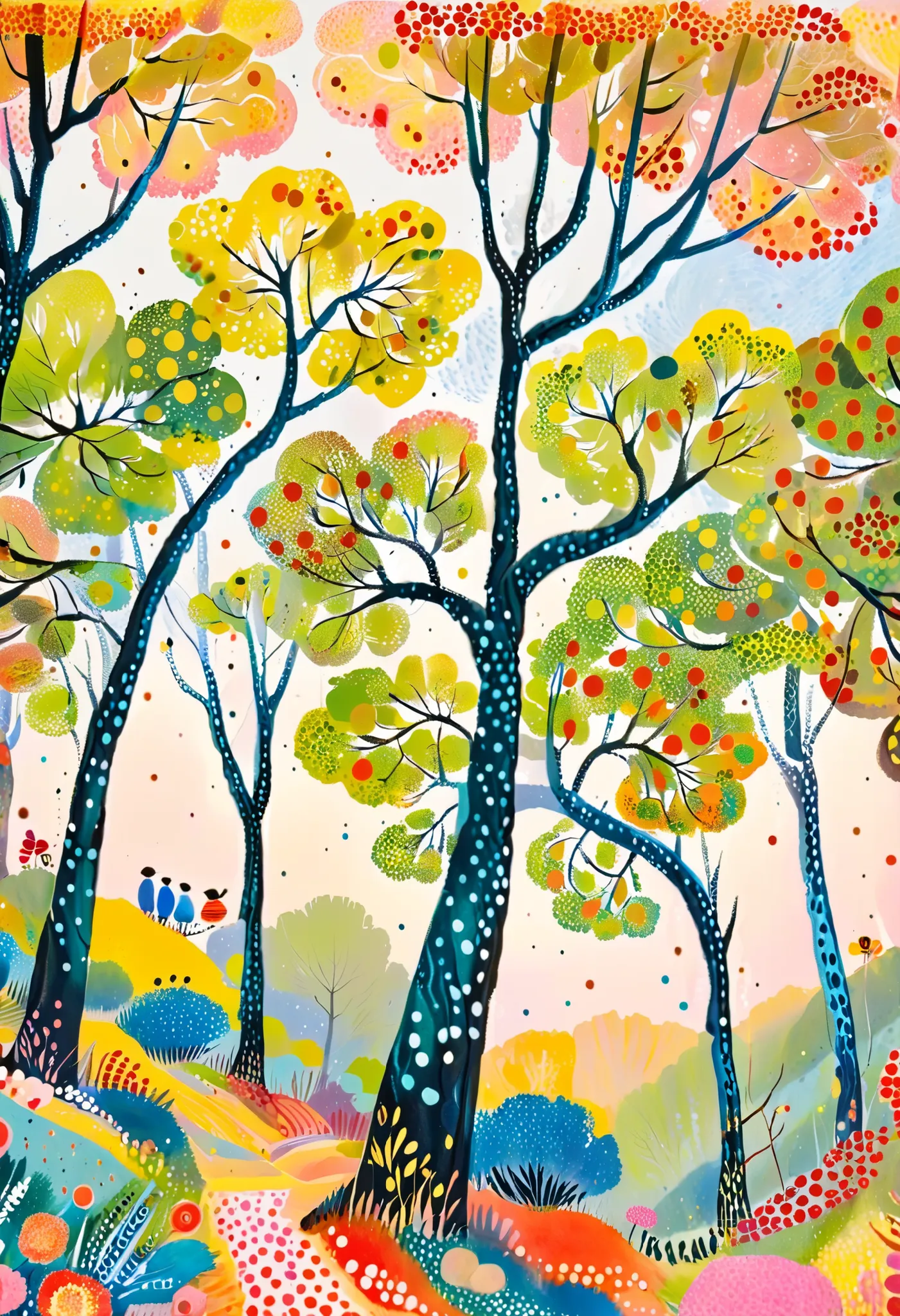 tree々Colorful landscape painting with clouds ,  vivid gouache painting landscape ,  Whimsical Forest , 色とりどりのtree々 , treeのある丘 , Nature Painting , bright forest , 草原の丘の中のtree々 , colorful landscape painting , 詳細なtree , たくさんのtree , Forest Painting , Random Fo...