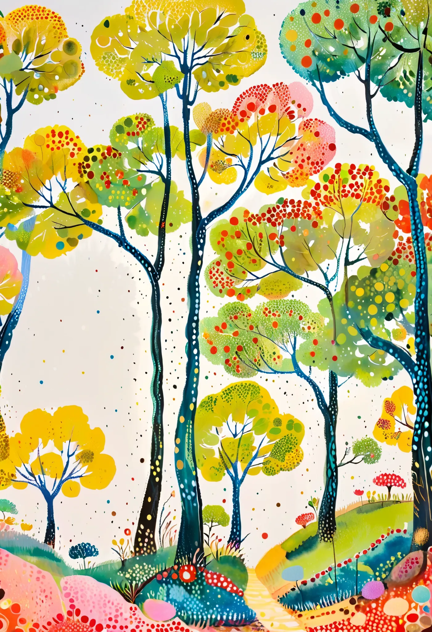 tree々Colorful landscape painting with clouds ,  vivid gouache painting landscape ,  Whimsical Forest , 色とりどりのtree々 , treeのある丘 , Nature Painting , bright forest , 草原の丘の中のtree々 , colorful landscape painting , 詳細なtree , たくさんのtree , Forest Painting , Random Fo...