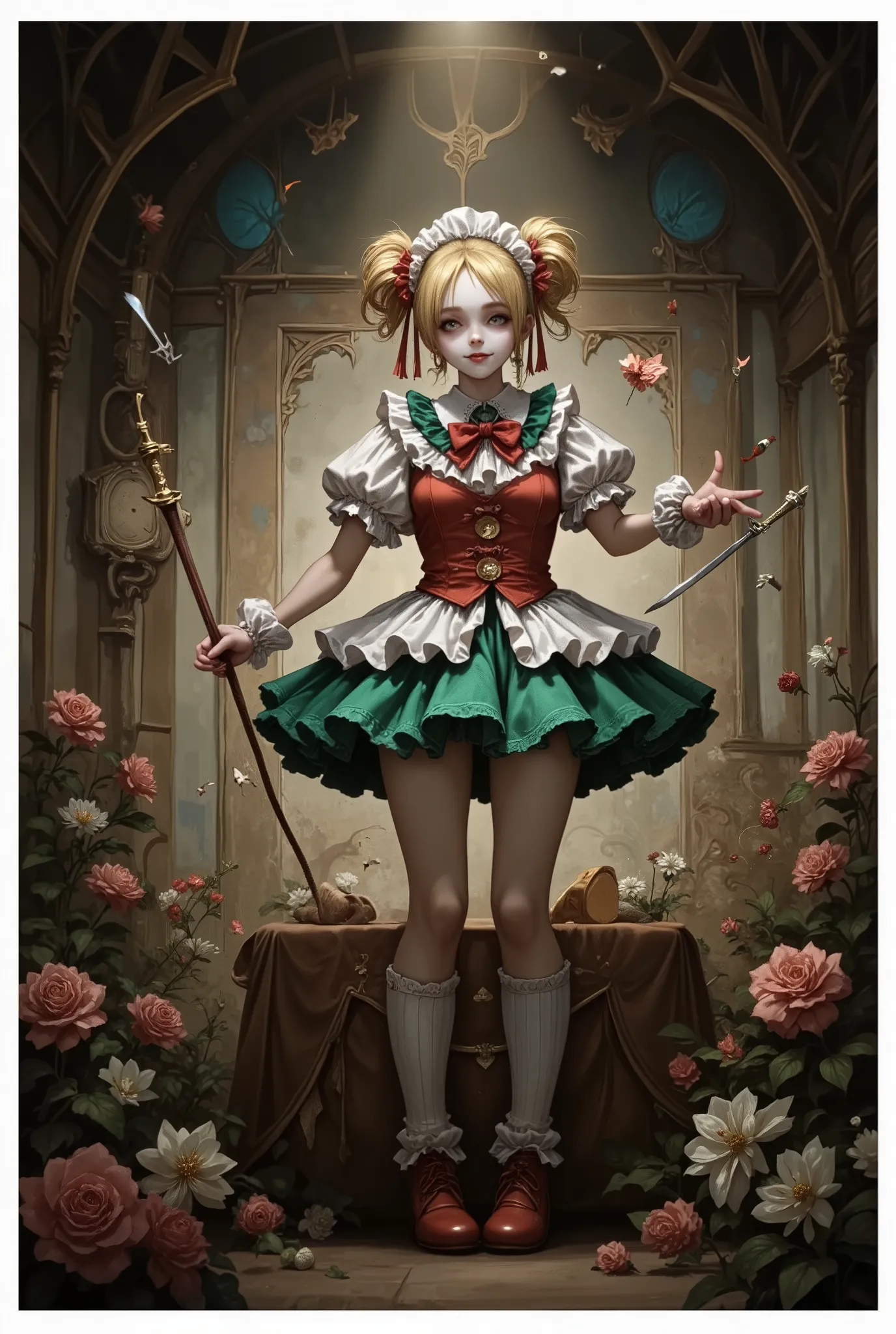 Tim Burton Style、circus clown girl、punk、circus clown Costumes、dynamic composition、Lively decorations、Anime style、Master knife-throwing master, detailed, dramatic composition, high resolution, fantasy horror aesthetic, illustration