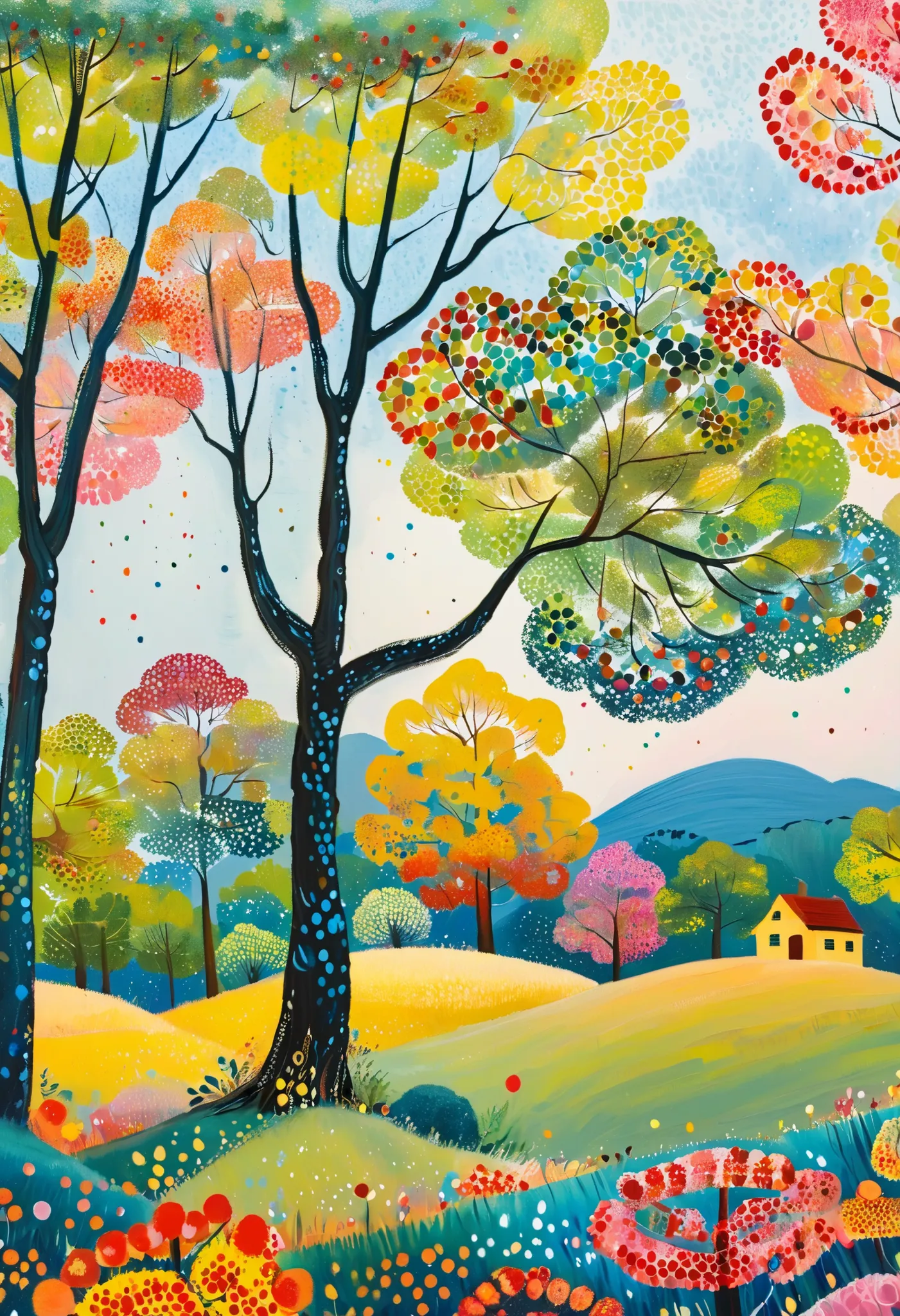 tree々Colorful landscape painting with clouds ,  vivid gouache painting landscape ,  Whimsical Forest , 色とりどりのtree々 , treeのある丘 , Nature Painting , bright forest , 草原の丘の中のtree々 , colorful landscape painting , 詳細なtree , たくさんのtree , Forest Painting , Random Fo...