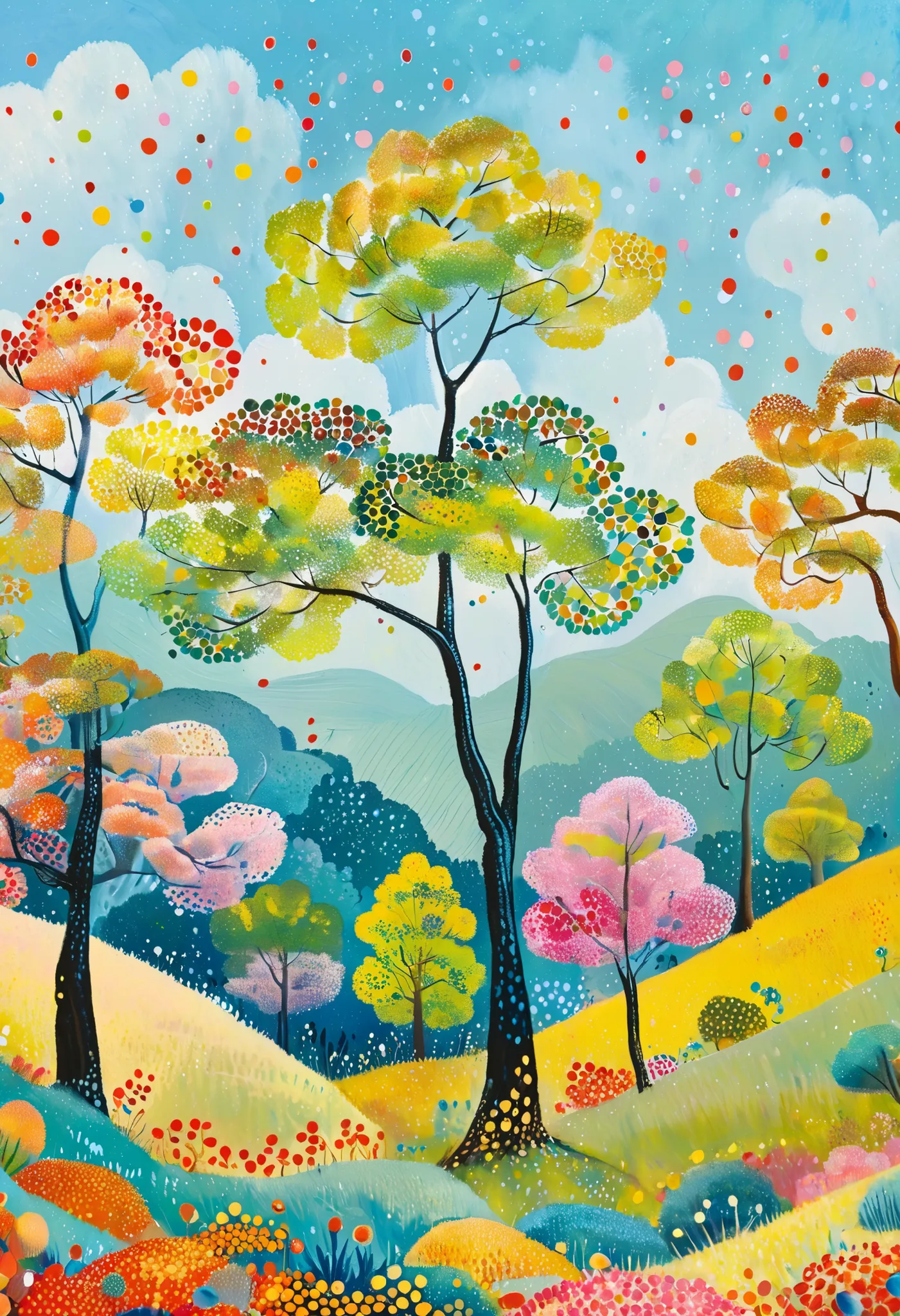 tree々Colorful landscape painting with clouds ,  vivid gouache painting landscape ,  Whimsical Forest , 色とりどりのtree々 , treeのある丘 , Nature Painting , bright forest , 草原の丘の中のtree々 , colorful landscape painting , 詳細なtree , たくさんのtree , Forest Painting , Random Fo...