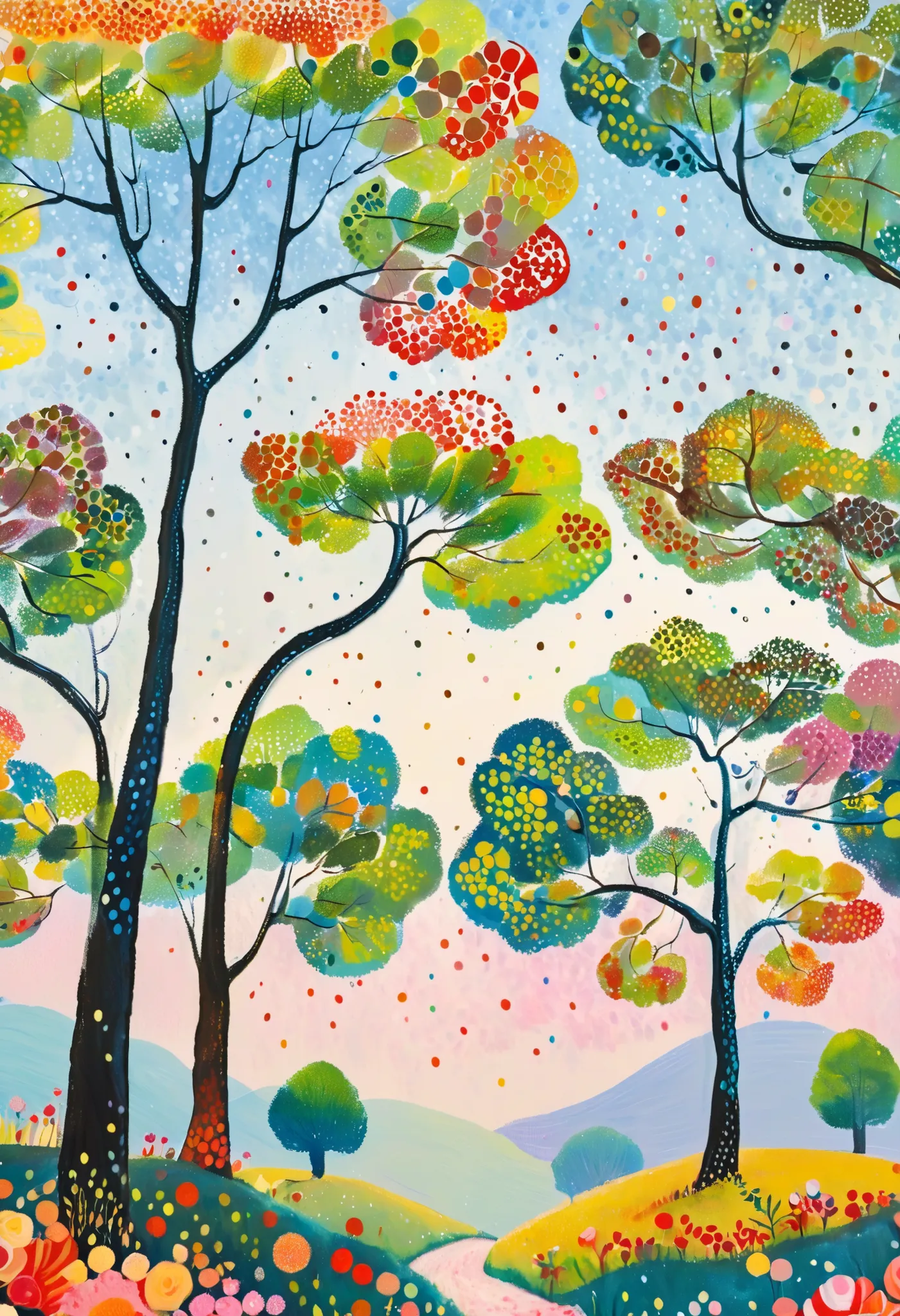 tree々Colorful landscape painting with clouds ,  vivid gouache painting landscape ,  Whimsical Forest , 色とりどりのtree々 , treeのある丘 , Nature Painting , bright forest , 草原の丘の中のtree々 , colorful landscape painting , 詳細なtree , たくさんのtree , Forest Painting , Random Fo...