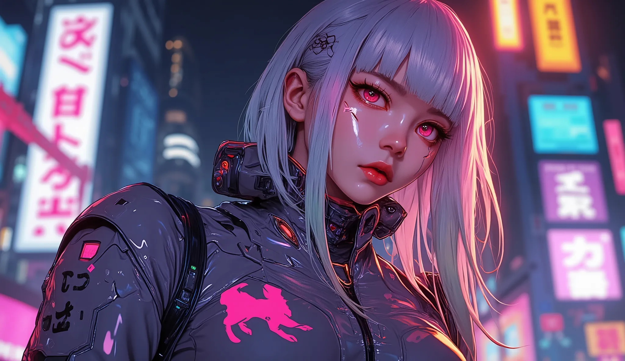 ((Manga artwork cowboy shot) von (perfect Asian cyberpunk girl, wearing detailed Harajuku clothing with company logos))), (((dynamische Pose))), ((LED-Leuchten)), ((Manga-Zeichnung)), ((cinematographic lighting)), ((Chiaroscuro)), warme Farben,  perfect fe...