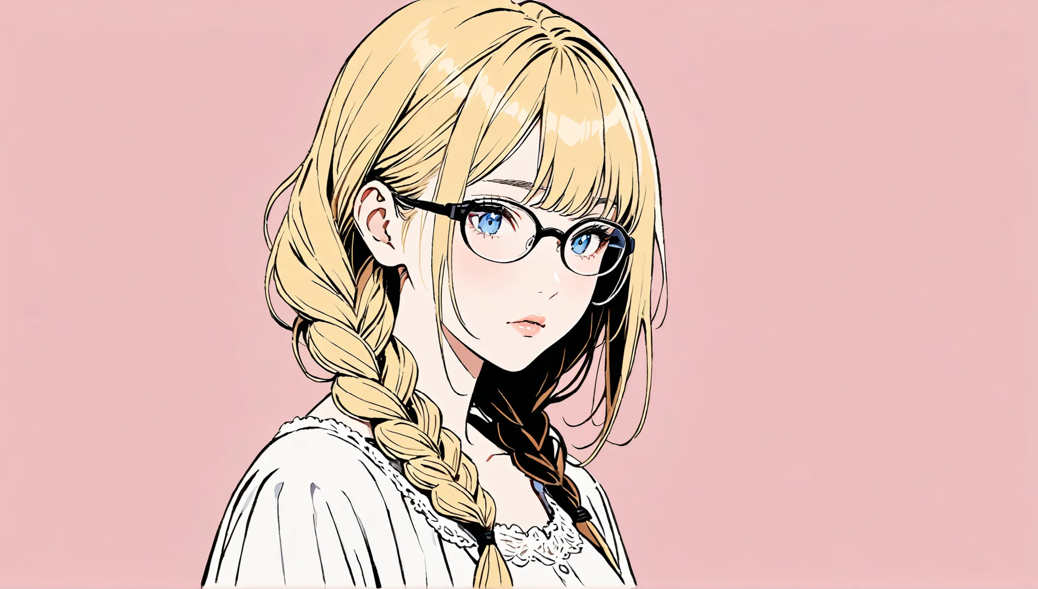 (pale pink background))、((alone)),(Face Up)),、((Upper body diagram)),((sad expression),((Front view)),,((Blonde semi-long braid hairstyle with long bangs)),(((black-rimmed glasses))),masterpiece, Highest quality, Beautiful attention to detail, Very detaile...