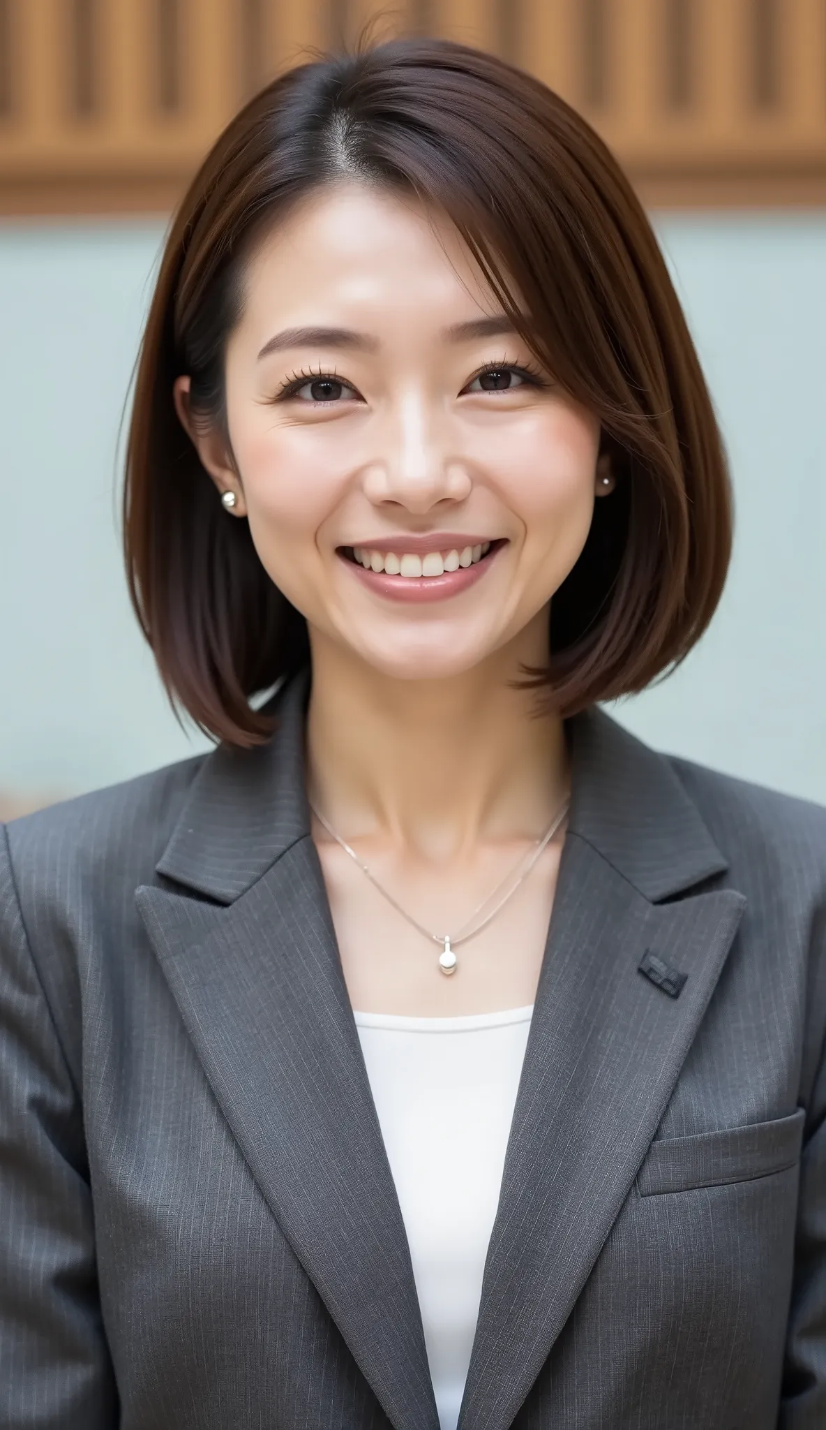 nsfw、From front、Japanese in a グレーcollarless suit、looking at the camera、25-year-old female minister、、Ear piercings、necklace、、、during regular press conference、(bust up shot:1.5)、、smile showing teeth