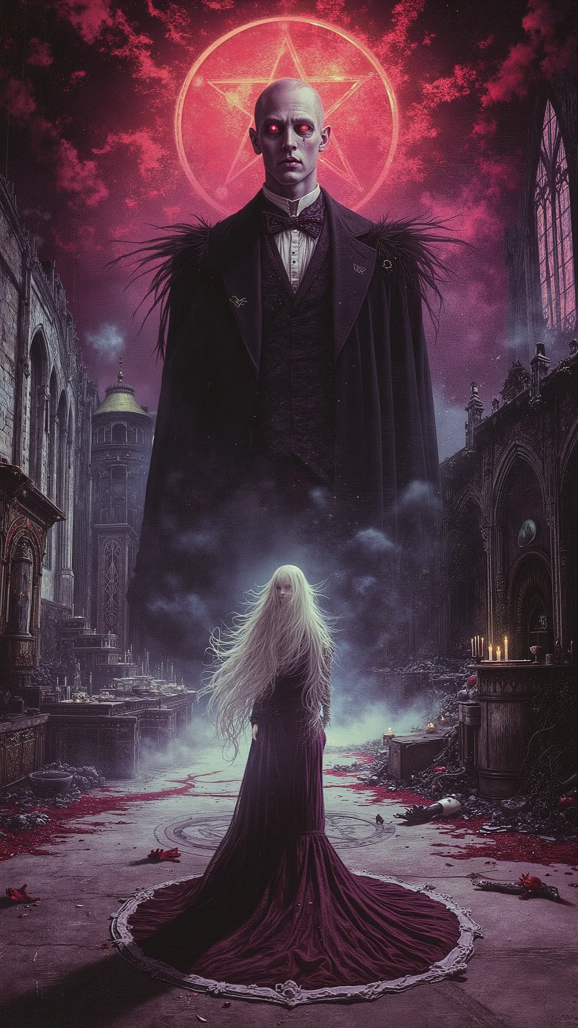 Anime-style gothic horror comic poster, 'The Devil's Call', featuring a hauntingly beautiful scene with intricate details and dramatic lighting. A pale, androgynous protagonist with long silver hair stands at the center, their Victorian-inspired lace robe ...