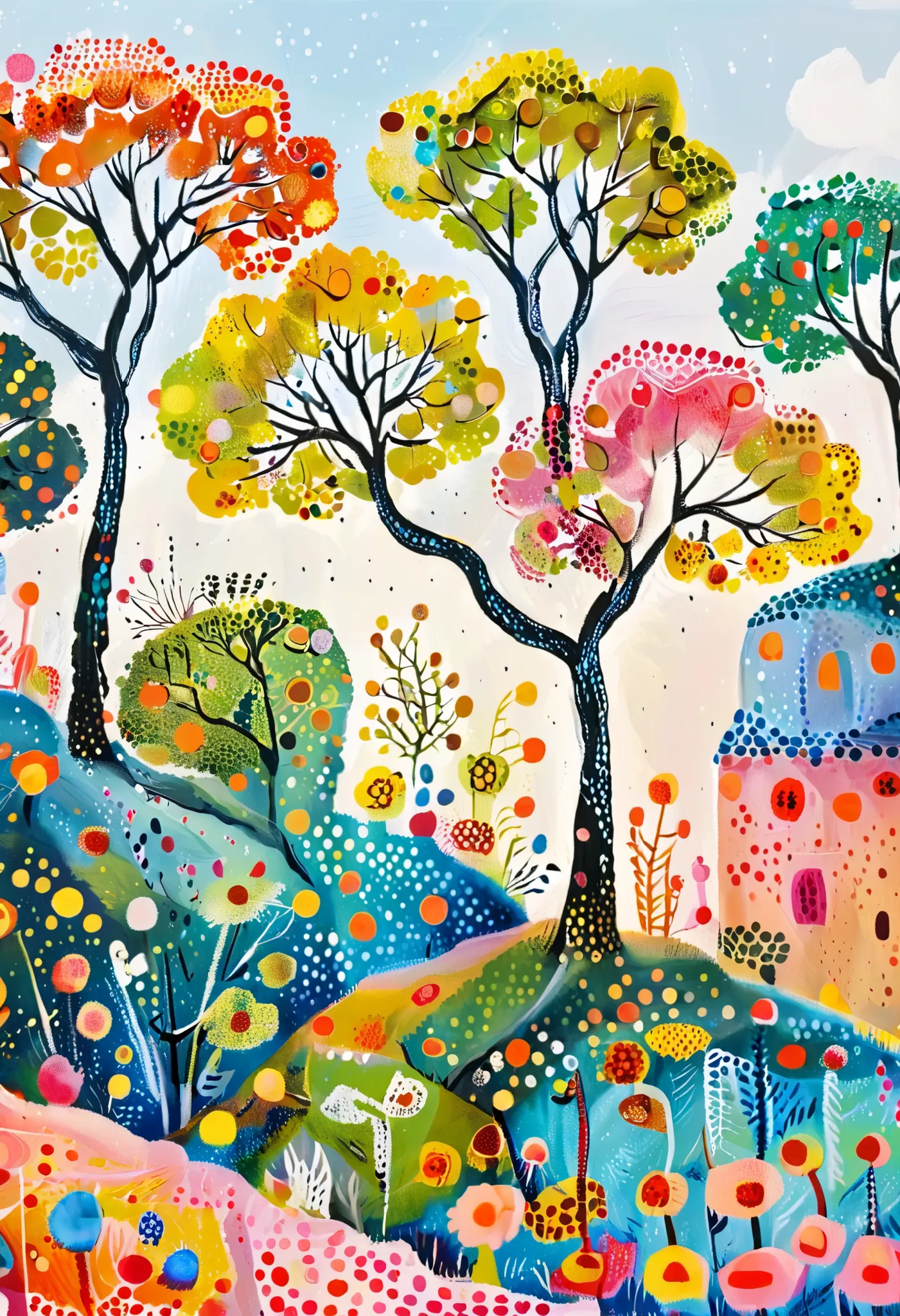 tree々Colorful landscape painting with clouds ,  vivid gouache painting landscape ,  Whimsical Forest , 色とりどりのtree々 , treeのある丘 , Nature Painting , bright forest , 草原の丘の中のtree々 , colorful landscape painting , 詳細なtree , たくさんのtree , Forest Painting , Random Fo...