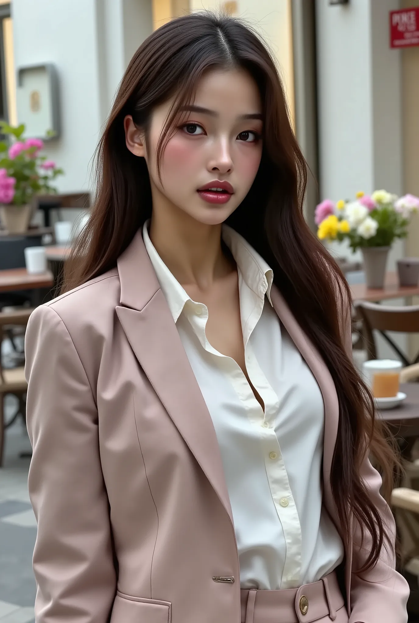 Beautiful girl with long wavy hair, with formal beige pants folded , white shirt and bleiser pink grey formal