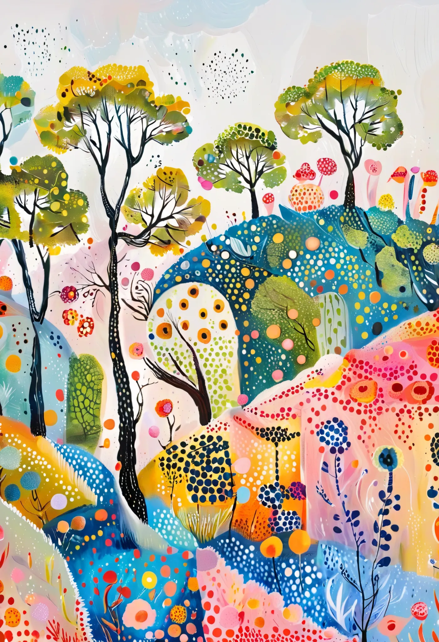 tree々Colorful landscape painting with clouds ,  vivid gouache painting landscape ,  Whimsical Forest , 色とりどりのtree々 , treeのある丘 , Nature Painting , bright forest , 草原の丘の中のtree々 , colorful landscape painting , 詳細なtree , たくさんのtree , Forest Painting , Random Fo...
