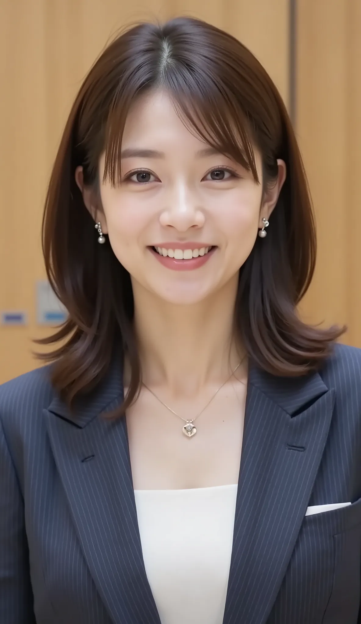 nsfw、From front、Japanese in a グレーcollarless suit、looking at the camera、25-year-old female minister、、hairstyle shortcuts、wavy hair、Ear piercings、necklace、、、during regular press conference、(bust up shot:1.5)、、Smiling Face Showing Teeth Video Generation