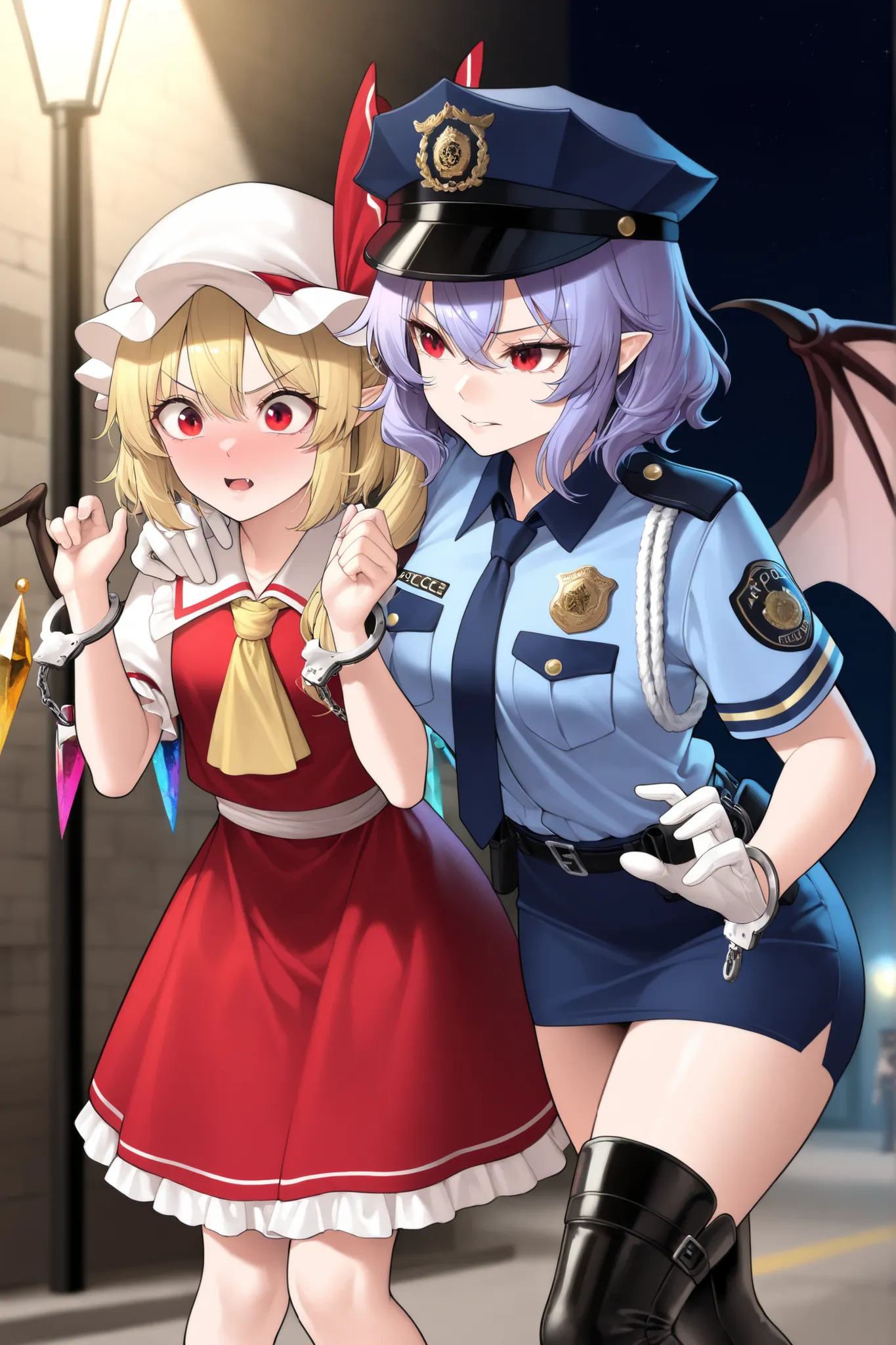 "top quality, masterpiece, ultimate expression, 2girls only, handcuffing scene, Oriental Project, detailed restraint, 【Detaining police officer:Remilia Scarlet】
police uniform, Miniskirt Police Uniform, navy blue uniform, purple hair carrying a book, shoul...