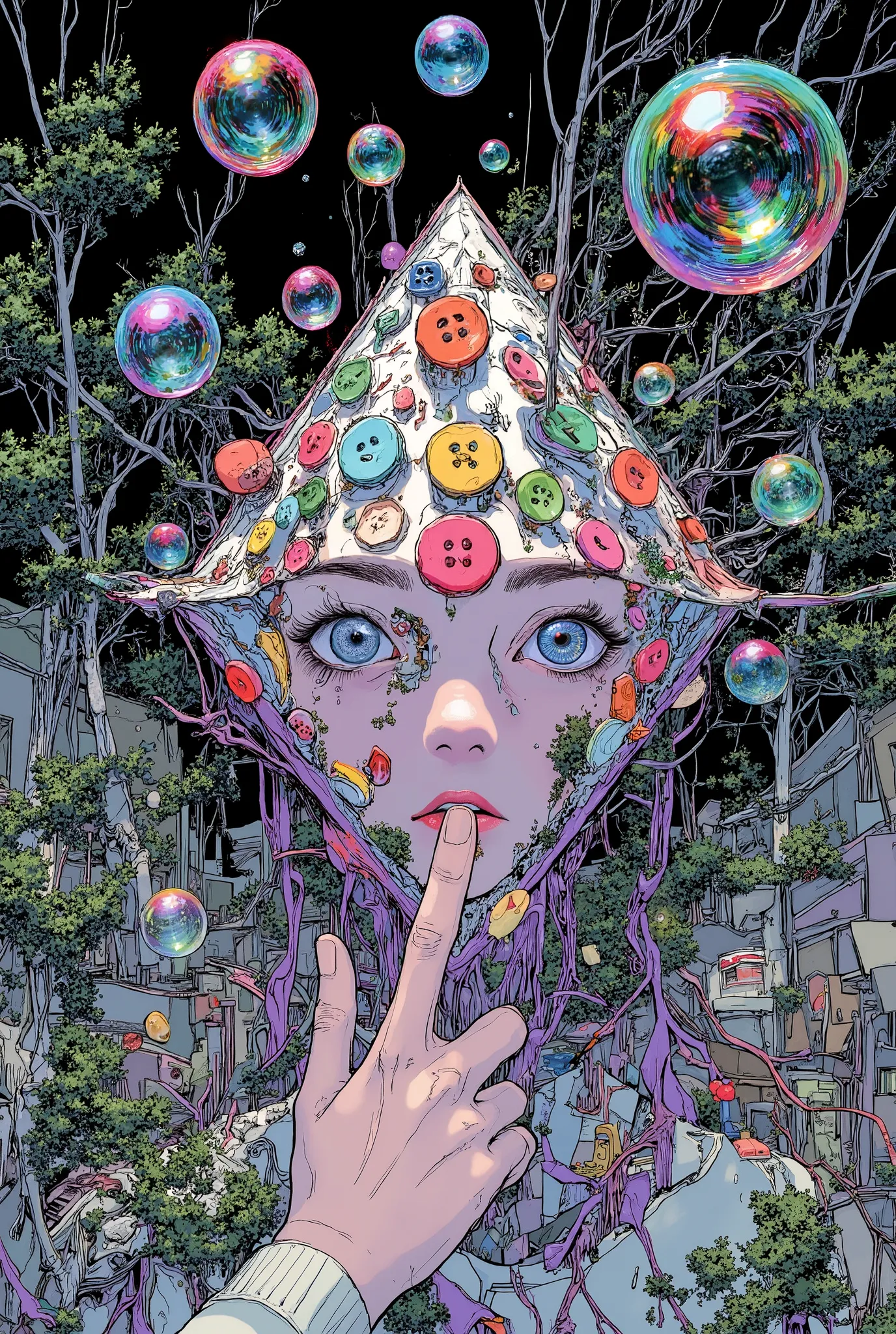 A beautiful world filled with bubbles reflecting like squares, they fly around a girl who wants to touch them with her finger, around different black plants like algae, and the earth is in the form of a beautiful diamond with multi-colored buttons, and the...