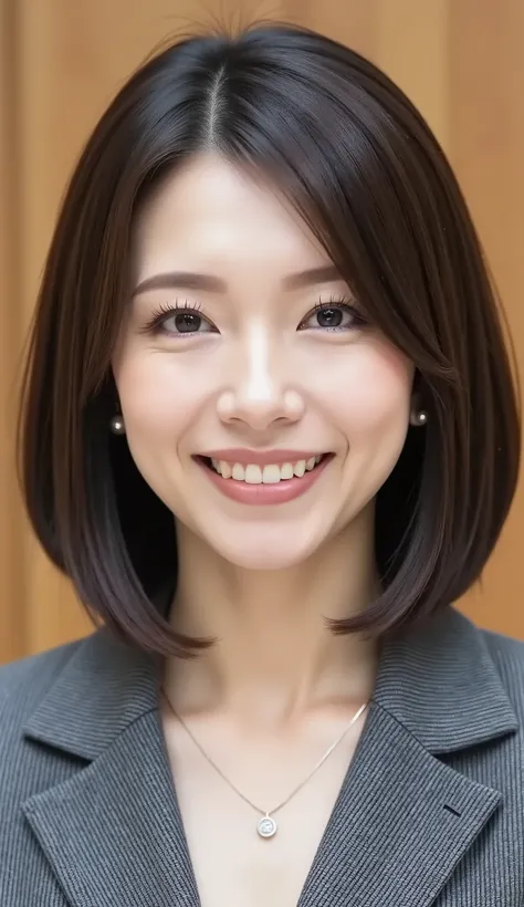 nsfw、From front、Japanese in a グレーcollarless suit、カメラ目線、25-year-old female minister、A-line bob(angled bob・inverted bob)耳にピアス、ネックレス、黒髪、、during regular press conference、(bust up shot:1.5)、、歯を見せた笑顔
