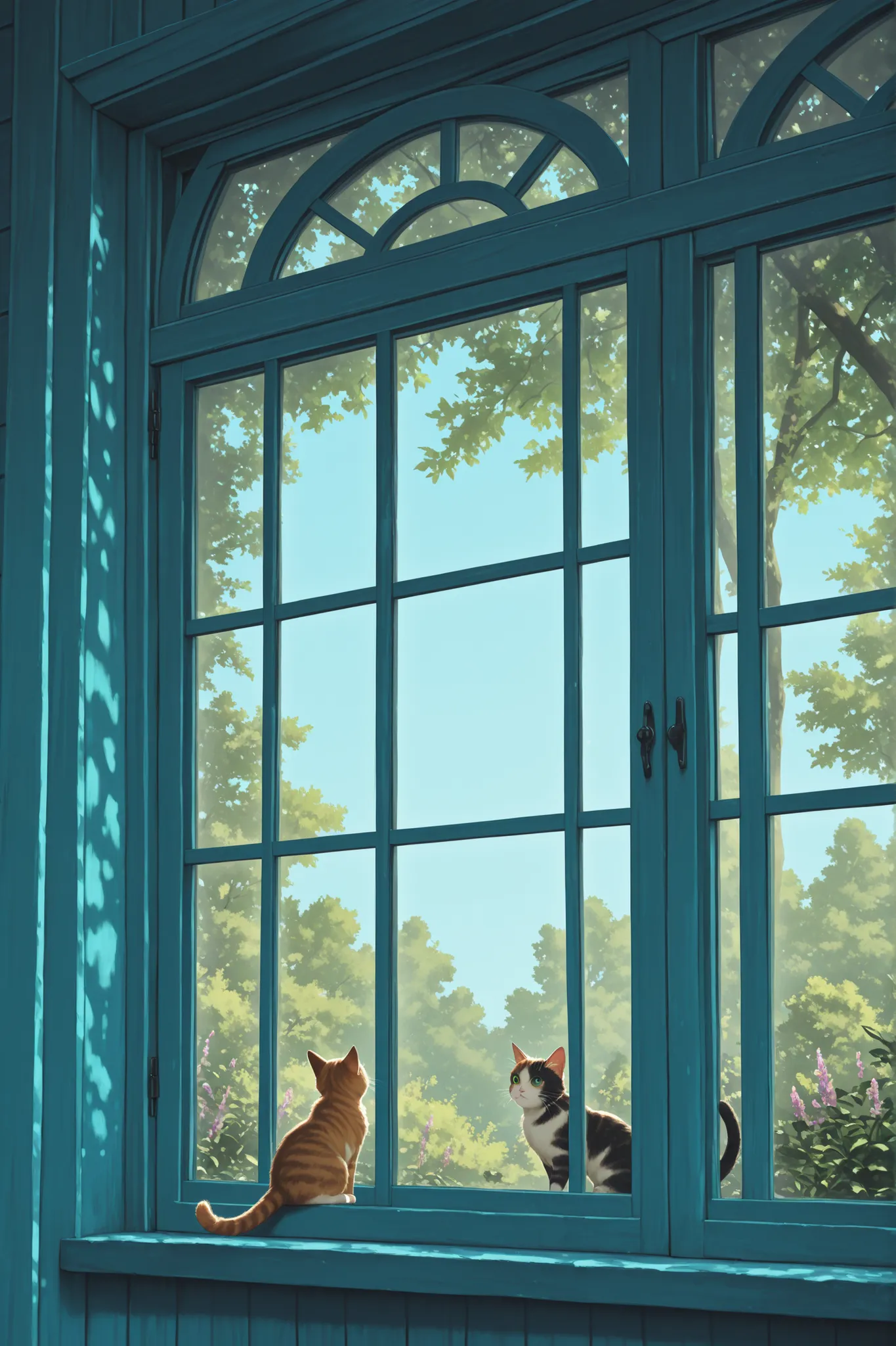 cat looking out of the window、Summer Scenery、Ghibli style、High definition cat,Interested々staring out of the window with a {x} expression,kitten,soft expression,leaning against a window frame,Scenery reflected on window glass, lush summer scenery ,sunlight ...