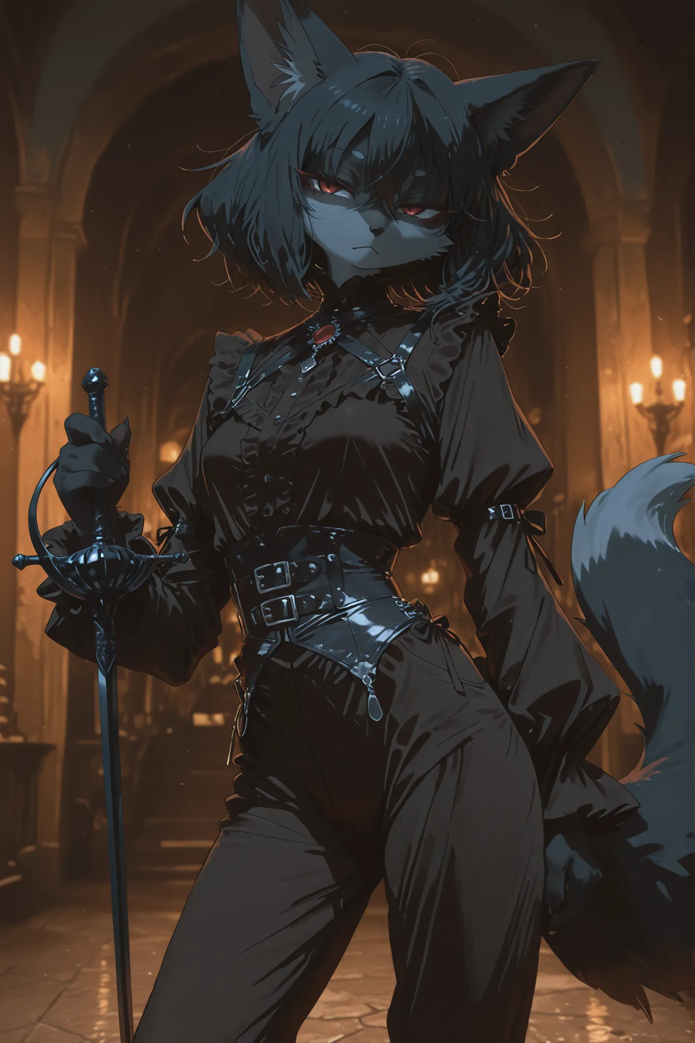 Kemono,(masterpiece, detailed:1.2),1 furry, male, fox, kemono style, standing pose, black fur, black short messy hair, dark blue rapier-themed outfit, leather accents, fantasy aristocratic style, semi-glossy clothing, moderate exposure, shar