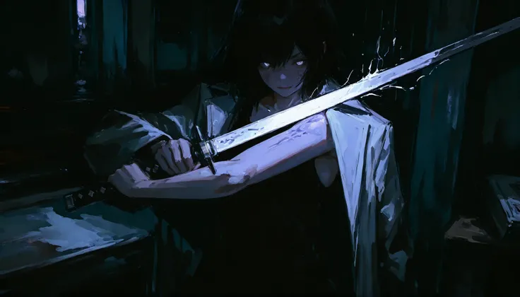 (1girl:1.5), manga-style black and white ink drawing, high contrast line art, traditional Japanese seinen manga aesthetics, close-up framing from shoulders up. The girl holds a thin, elegant sword — like a fencer's blade or a sleek katana — vertically in f...