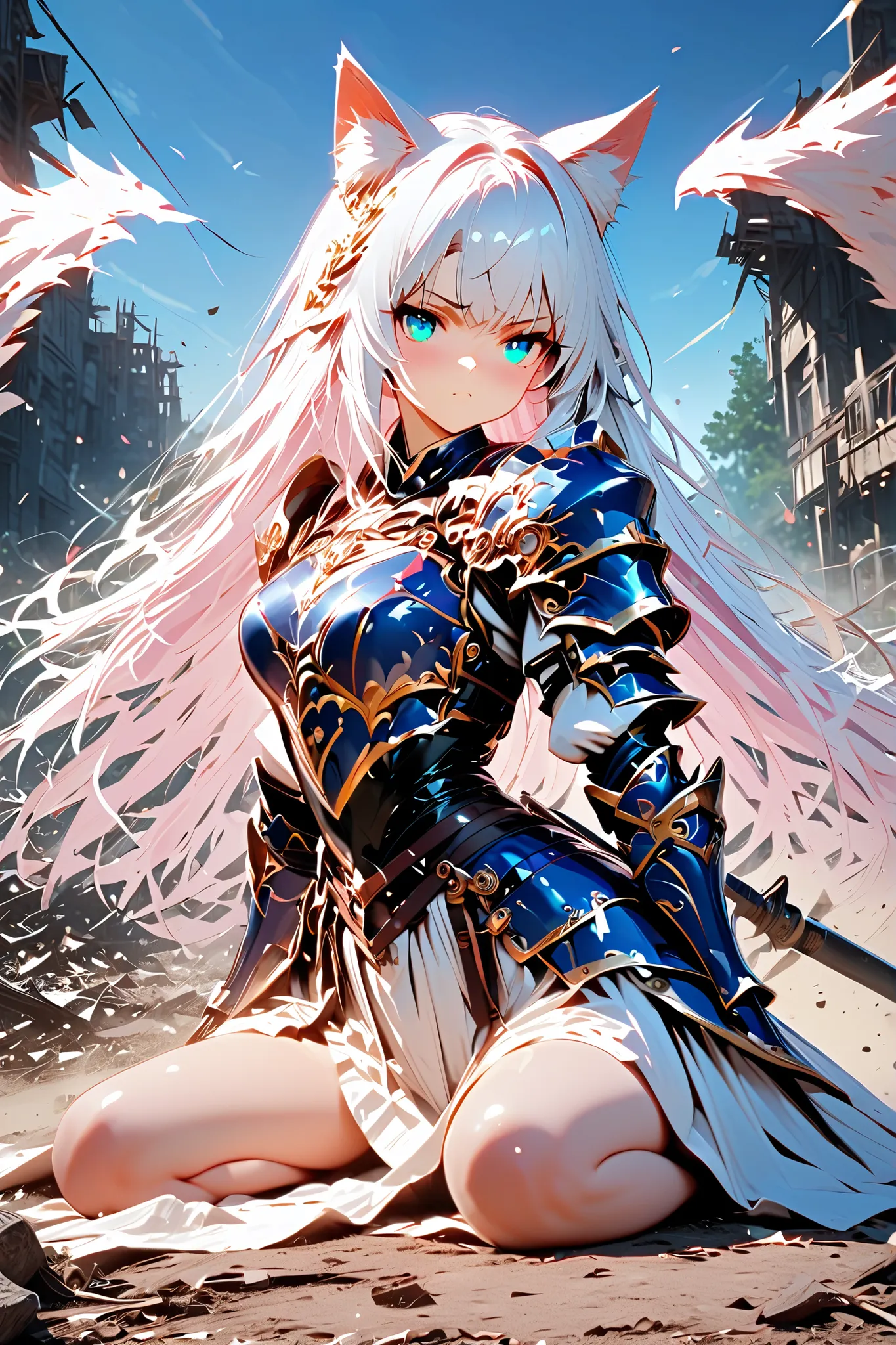 Girl using a weapon 、
1 girl,  Serious Expressions、 long hair,      Cat ears、  Jade Eyes,  cute face、Armed Girl、 white armor 、 Exquisite white gauntlets 、Exquisite shin rest、Brilliant Armor 、  Intense expression、intense battle scenes、bright color、Strong St...