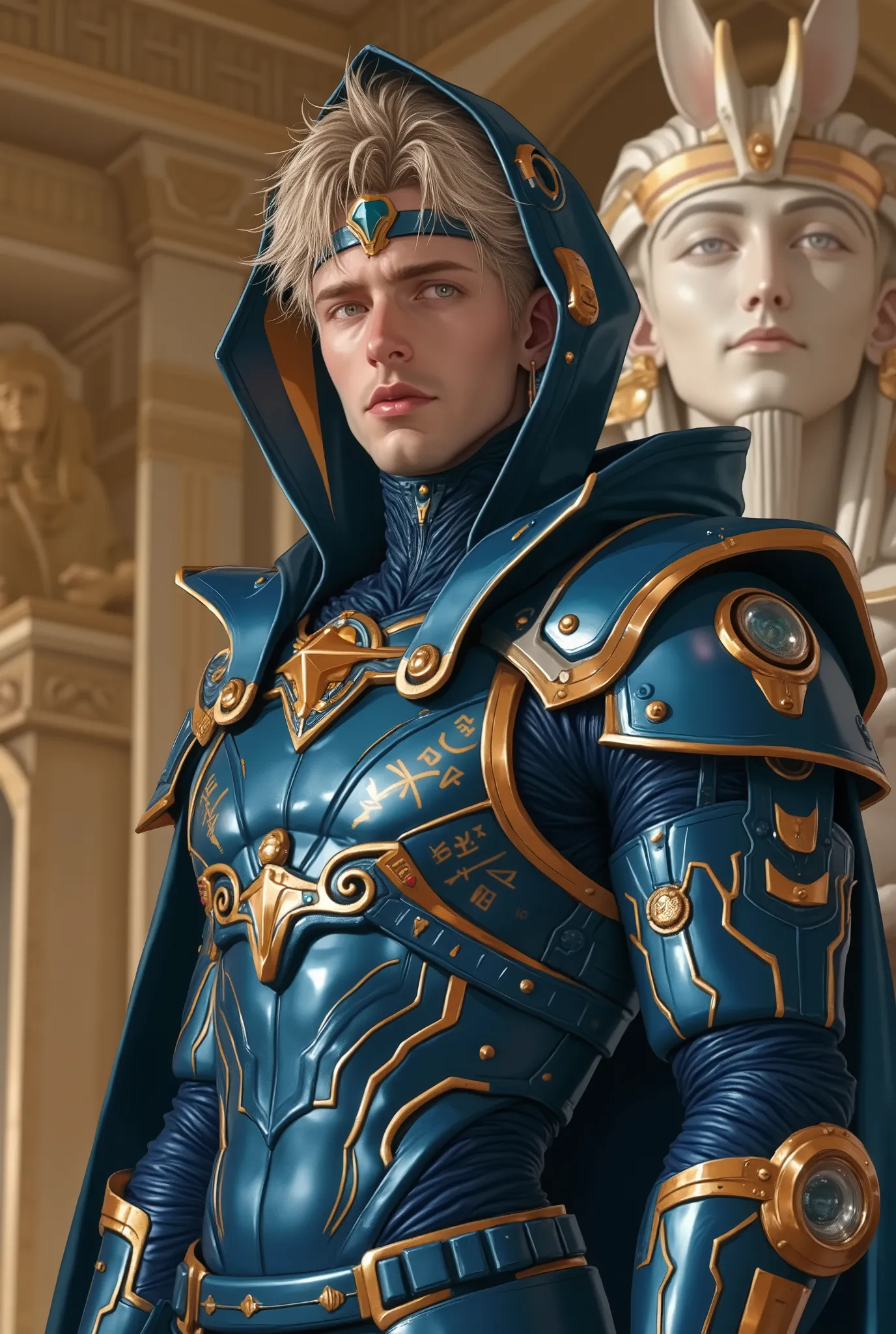 hyperrealism. high, Beautiful, male, height 190, , he has high-tech space armor, elegant, futuristic armor , alien, Pharaoh, тёмно-blue матовые с яркими зелёными светодиодами, detailed, many protective plates , you can see armor docking, orange , blue, r...