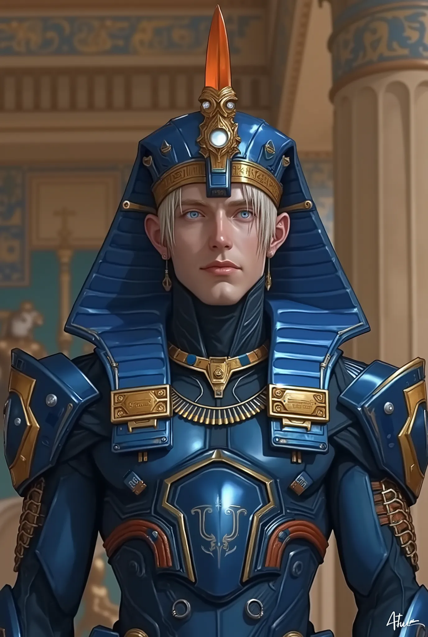 hyperrealism. high, Beautiful, male, height 190, , he has high-tech space armor, elegant, futuristic armor , alien, Pharaoh, тёмно-blue матовые с яркими зелёными светодиодами, detailed, many protective plates , you can see armor docking, orange , blue, r...