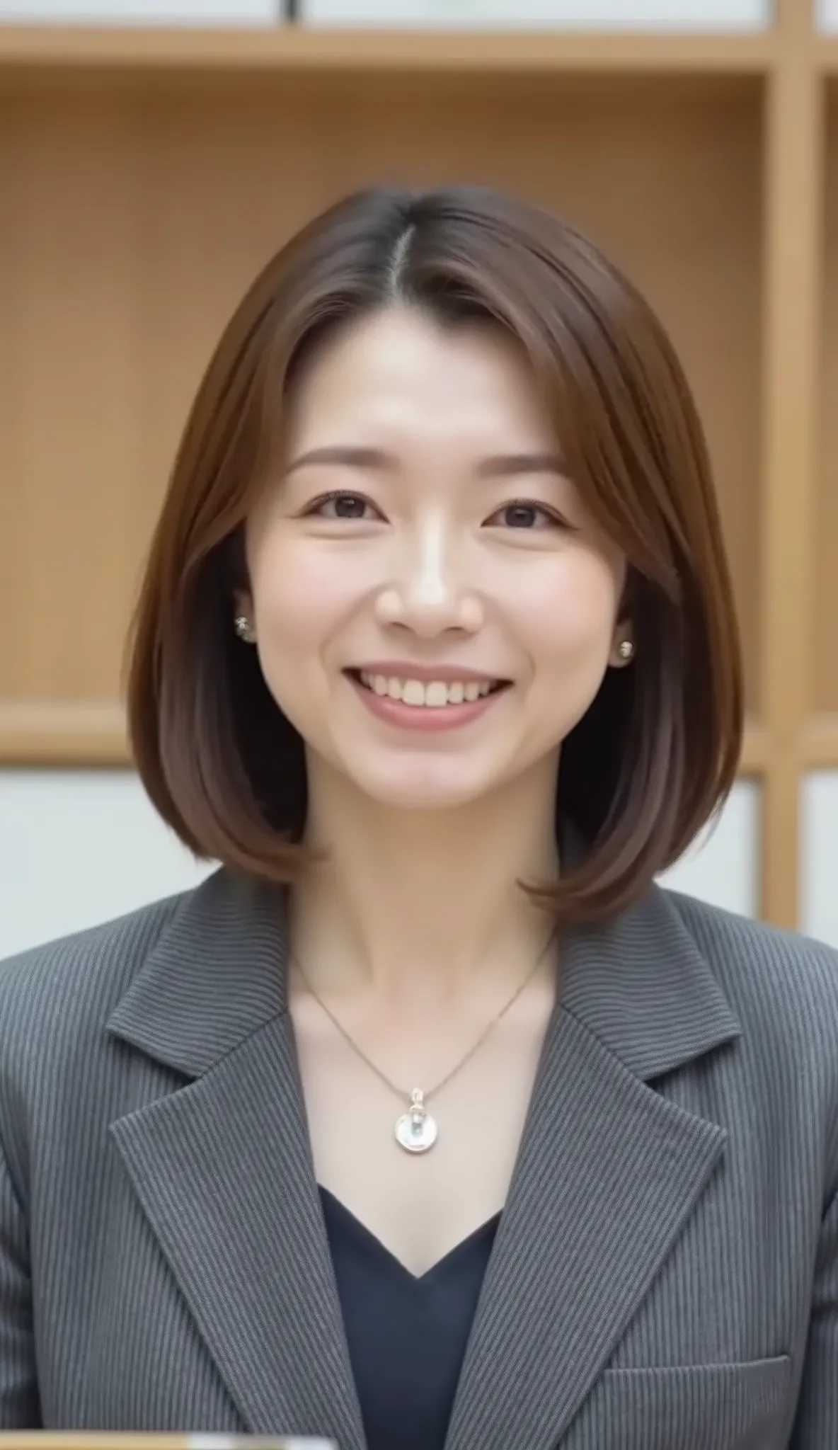 nsfw、From front、Japanese in a グレーcollarless suit、カメラ目線、25-year-old female minister、A-line bob(angled bob・inverted bob)耳にピアス、ネックレス、、during regular press conference、(bust up shot:1.5)、、歯を見せた笑顔