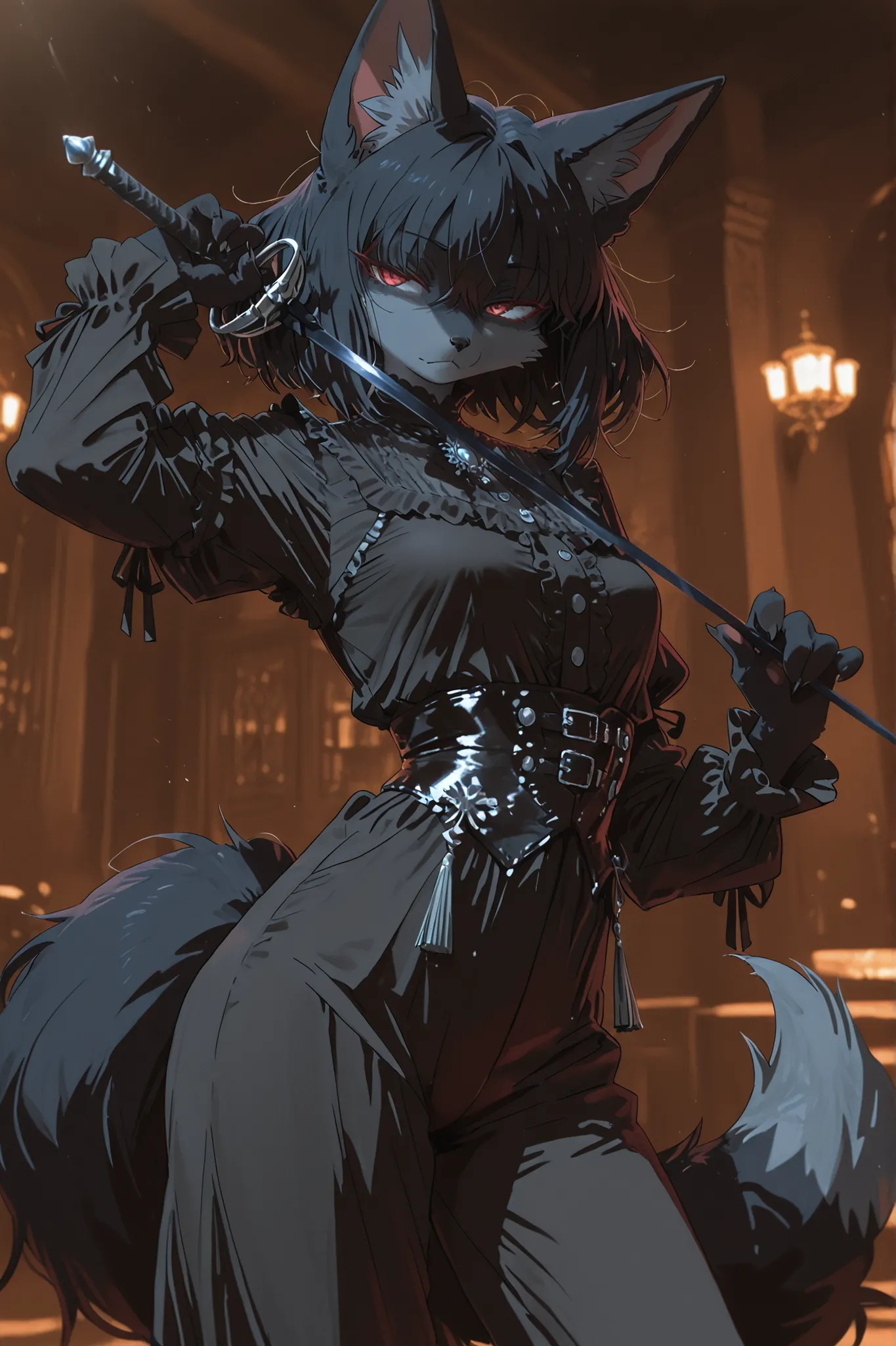 Kemono,(masterpiece, detailed:1.2),1 furry, female, fox, kemono style, standing pose, black fur, black short messy hair, dark blue rapier-themed outfit, leather accents, fantasy aristocratic style, semi-glossy clothing, moderate exposure, shar, red eye...