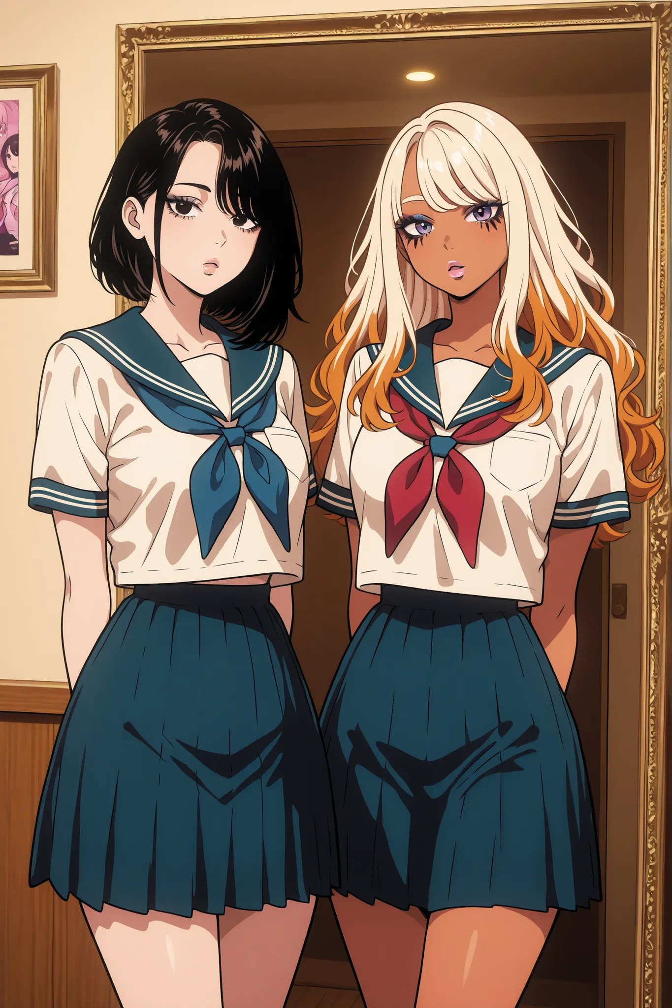 Asymmetrical me, a cute Japanese girl, in a room, the real me and the me in the mirror facing each other, the two of us, the real me is neat and modest, wearing a sailor uniform, the me in the mirror is a lively gal with ganguro makeup and flashy clothes,
