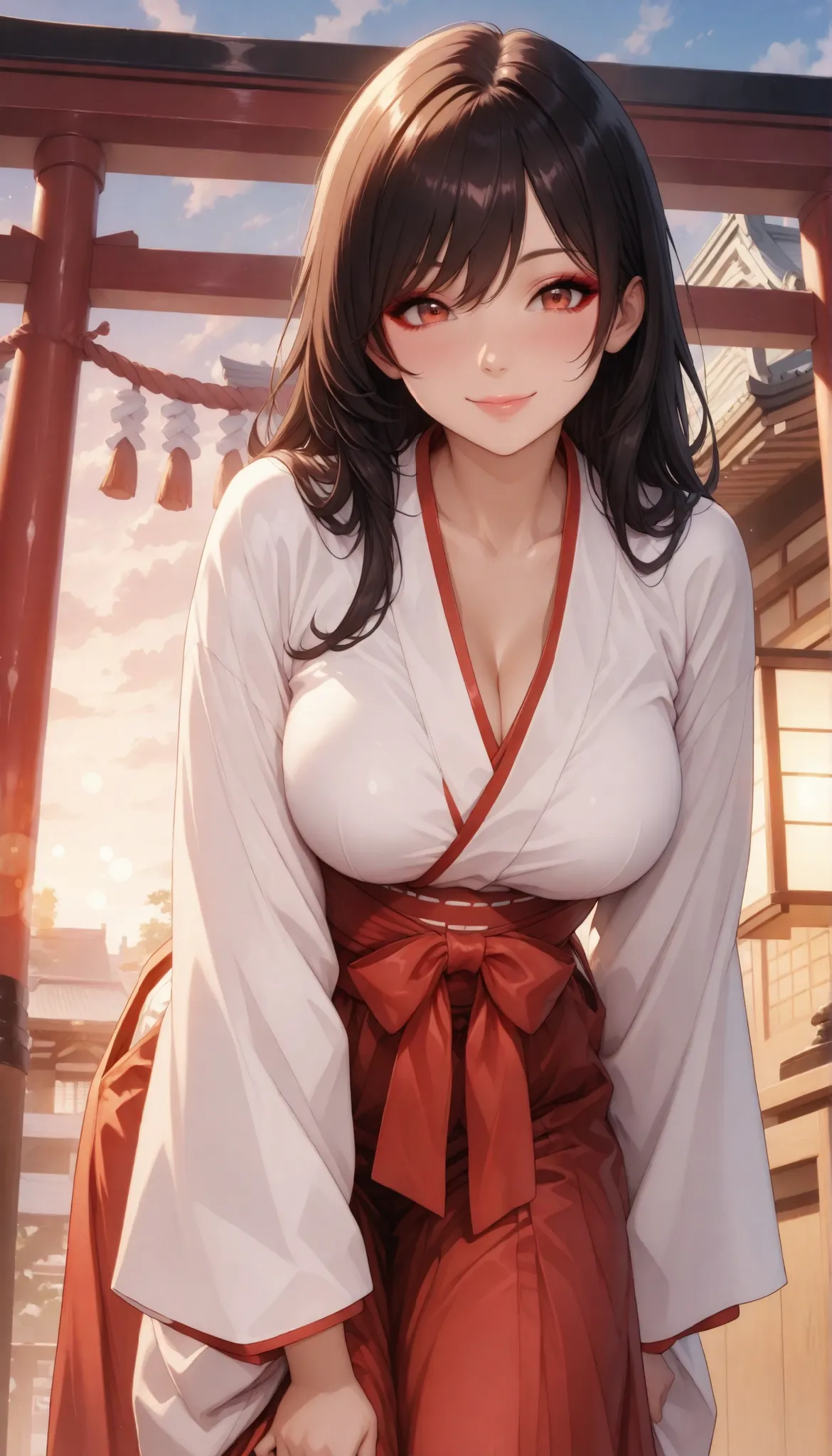 Anime Beauties, Scenery of the shrine, Japanese Shrine Maiden Clothes, Red and white shrine maiden costume, Lean forward:1.2, scraping up hair, Smile Yan, from below, cowboy shot:1.2, High Quality, Exquisite facial depictions, 4K high definition, anime sty...