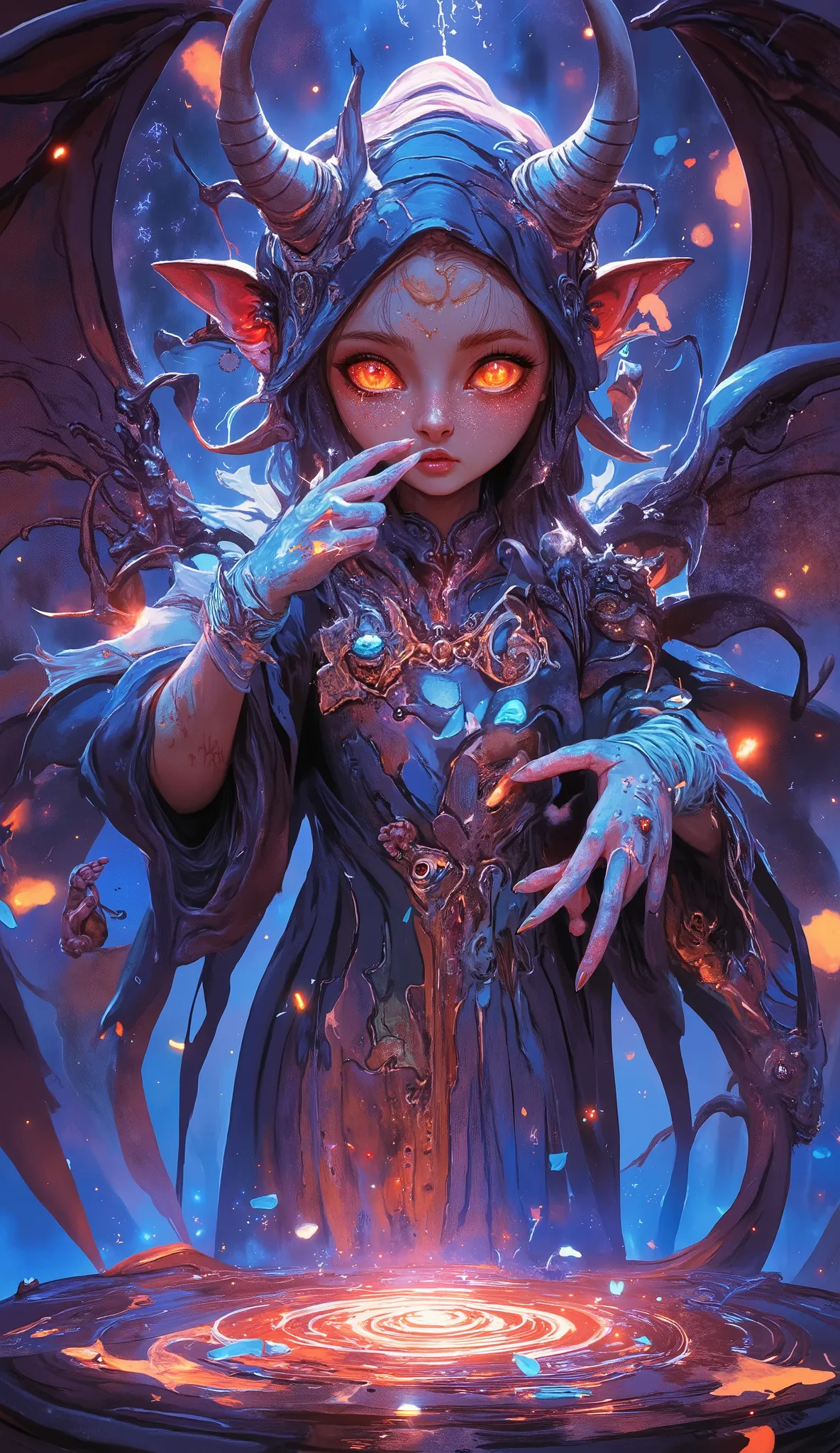 aidmanijiv6,shy supernatural being, delicate feminine features, cracked skin with ethereal glow, floating on an intricate magic circle, red eyes gleaming through fingers, magical atmosphere, dark fantasy backdrop, detailed magical effects, ornate demon aes...