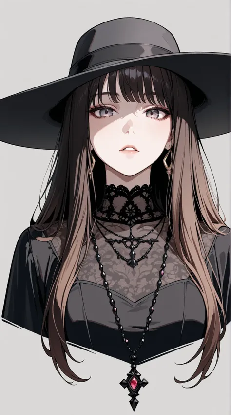  A striking portrait of a fashionably goth woman, rendered with detailed linework and a monochromatic color palette of black, gray, and hints of dark brown/black, featuring a wide-brimmed black hat and numerous dark necklaces and accessories.,masterpiece, ...
