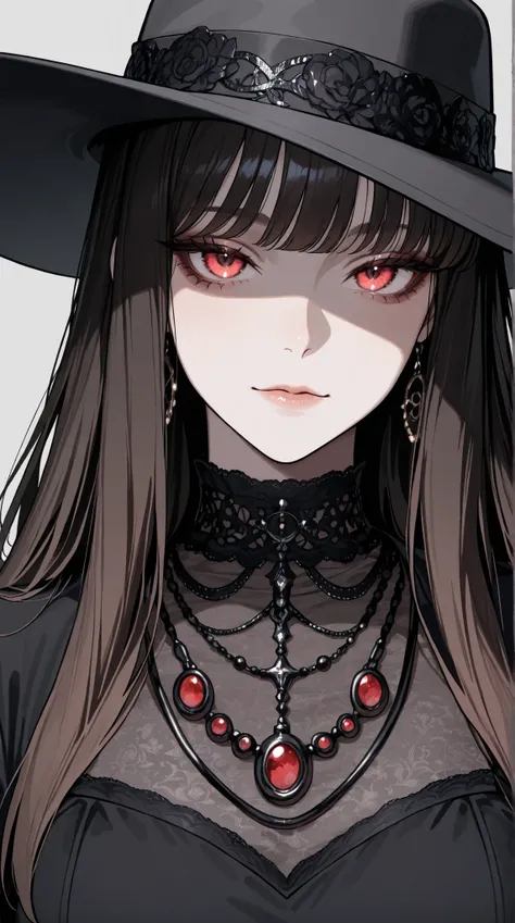  A striking portrait of a fashionably goth woman, rendered with detailed linework and a monochromatic color palette of black, gray, and hints of dark brown/black, featuring a wide-brimmed black hat and numerous dark necklaces and accessories.,masterpiece, ...