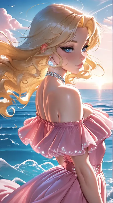(TangoBat:0.7),(Sakimichan:0.7),beautiful anime girl, blonde hair, long wavy hair, pink dress, off-the-shoulder top, delicate jewelry, ocean view background, soft sunlight, dreamy, ethereal,  ultra-detailed, intricate details,masterpiece, best quality, ama...