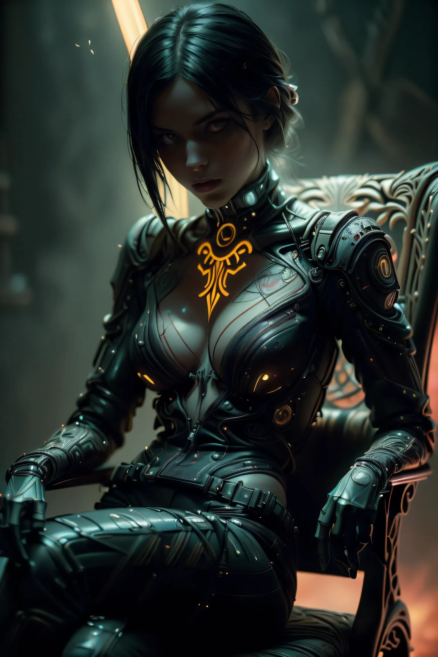 very detailed portrait of a young girl, full body, in a strict black suit, sitting cross-legged and holding a gun, (carved stylish chair, with armrests), (Art Nouveau style, cyber punk), with bright red eyes, black hair and tie (best quality, 4k , 8k, High...