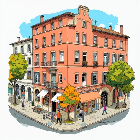 Ultra Detailed Paintings Inspired by Anime Characters ,cella di animazione, cella di animazioneの詳細,line art colorata, A vibrant hand-drawn illustration of a European-style city corner where a large historic building has a missing corner, forming a small ur...