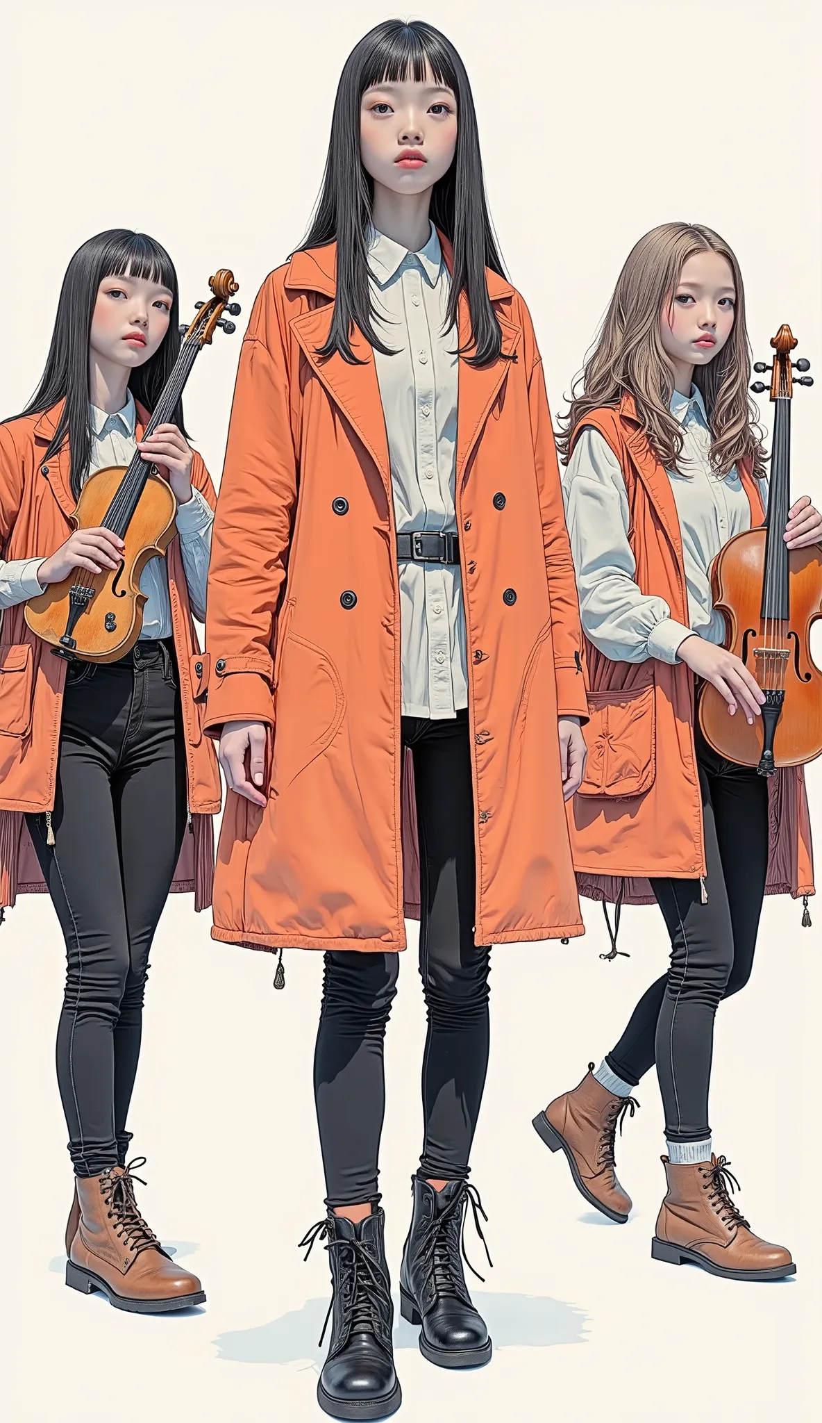 Women in an orchestra with instruments , poster art ,Screen Print Poster, graphic novel cover art, graphic details ,Advertisement Art,Poster Illustration, Illustrated poster, By Jens Sondergaard ,fashion illustration on watercolor white paper background,,c...
