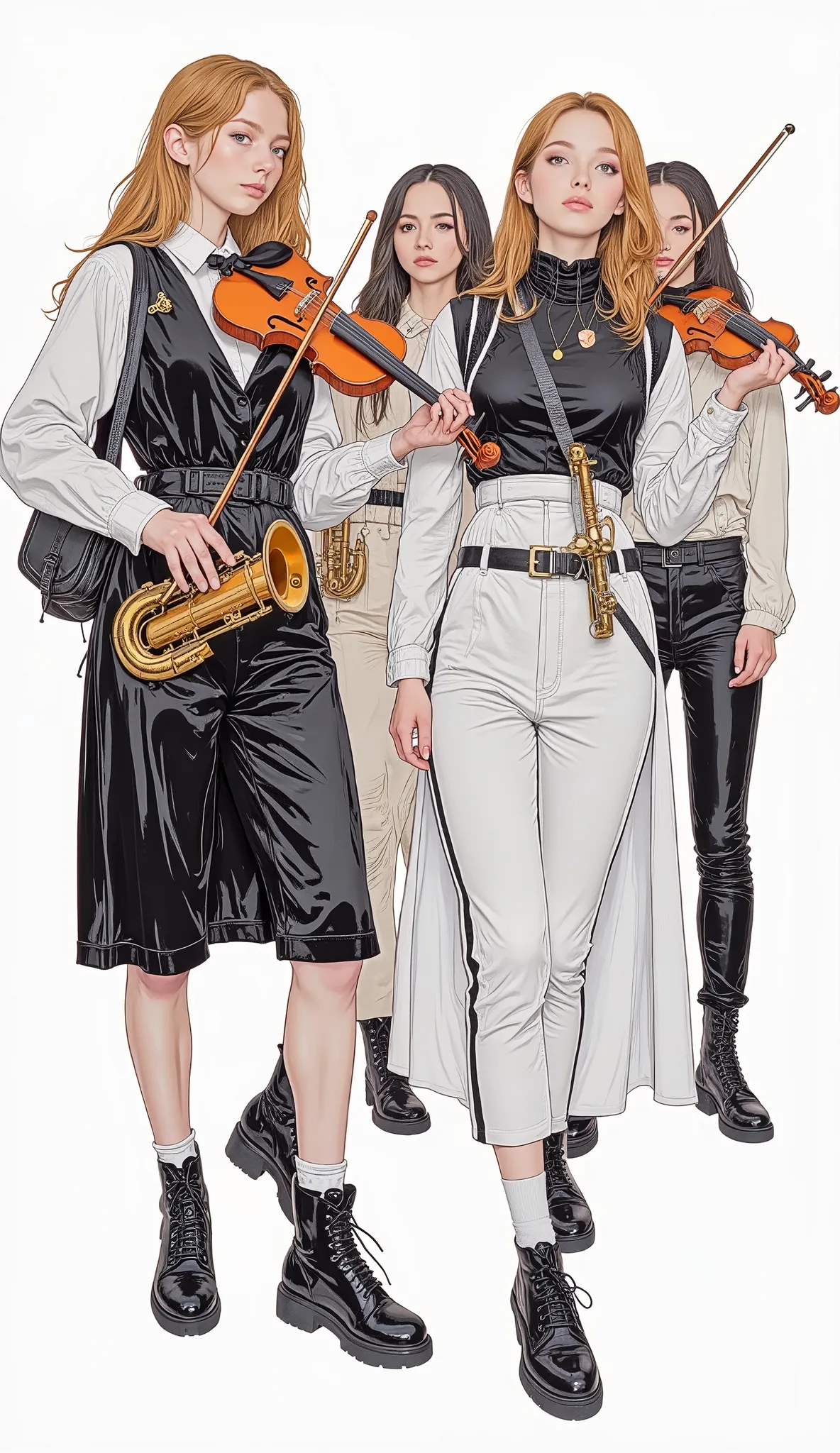 Women in an orchestra with instruments , poster art ,Screen Print Poster, graphic novel cover art, graphic details ,Advertisement Art,Poster Illustration, Illustrated poster, By Jens Sondergaard ,fashion illustration on watercolor white paper background,,c...